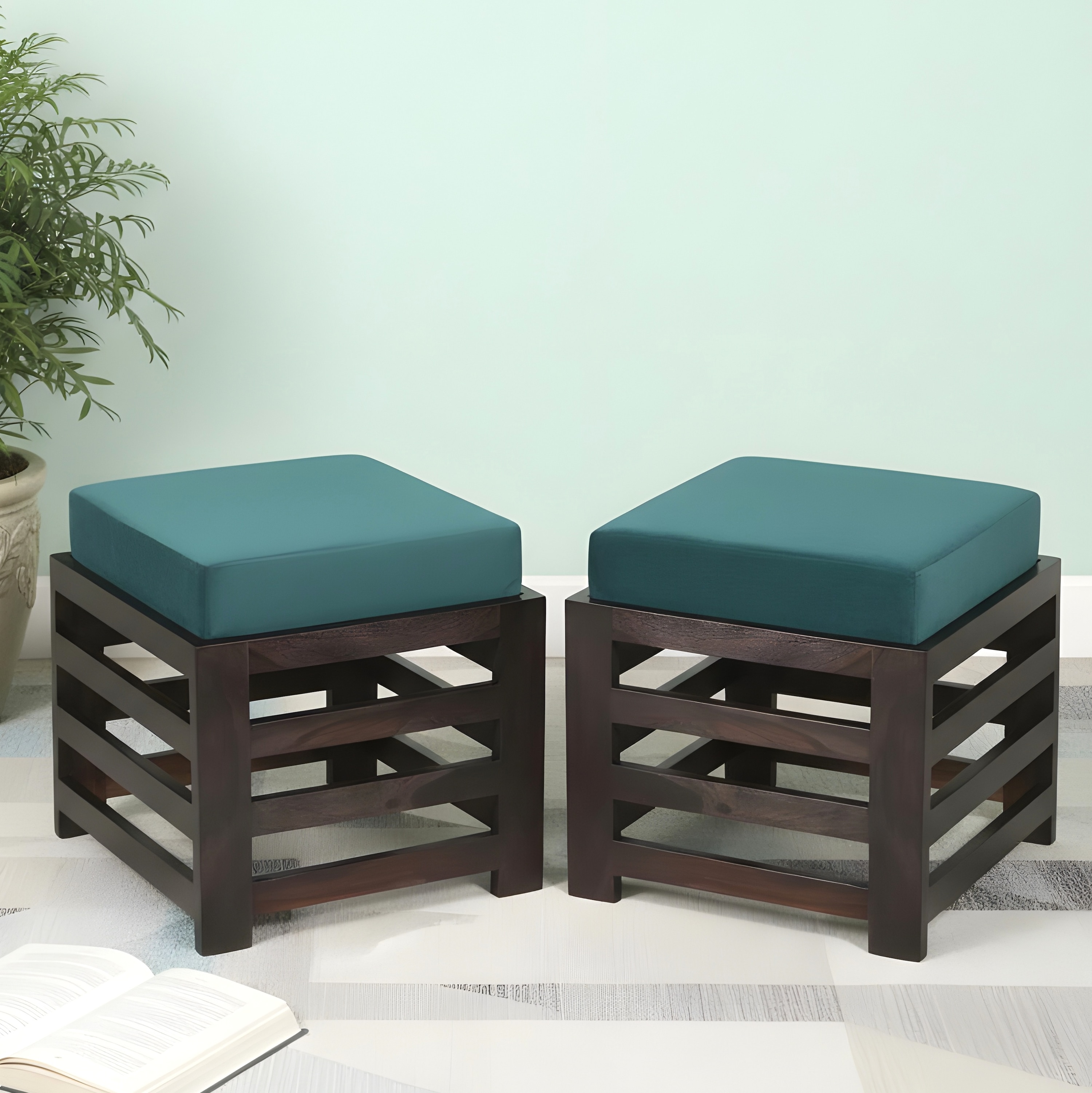 Houston Sheesham Wood Contemporary Set of 2 Stools in Turquoise Sea Velvet, Dark Mahogany Finish