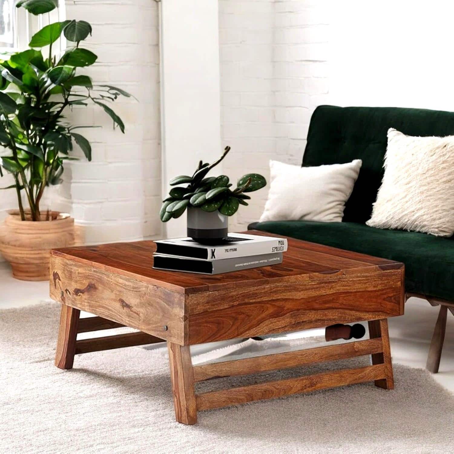 Bradford Sheesham Wood Contemporary Square Foldable Coffee Table In Natural Teak Finish