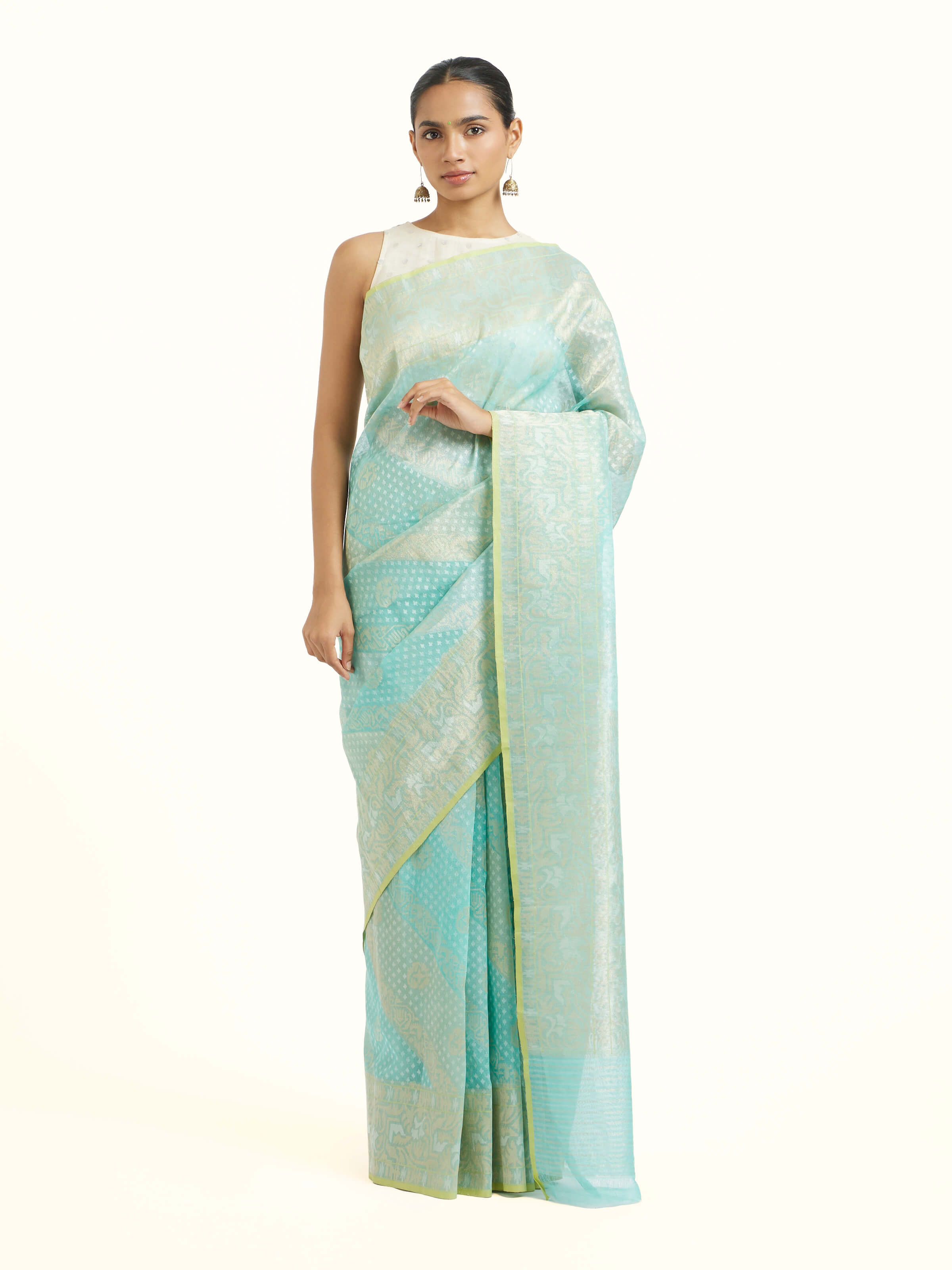 Front view of turquoise cotton Awadh Jamdani Banarasi saree with traditional motifs