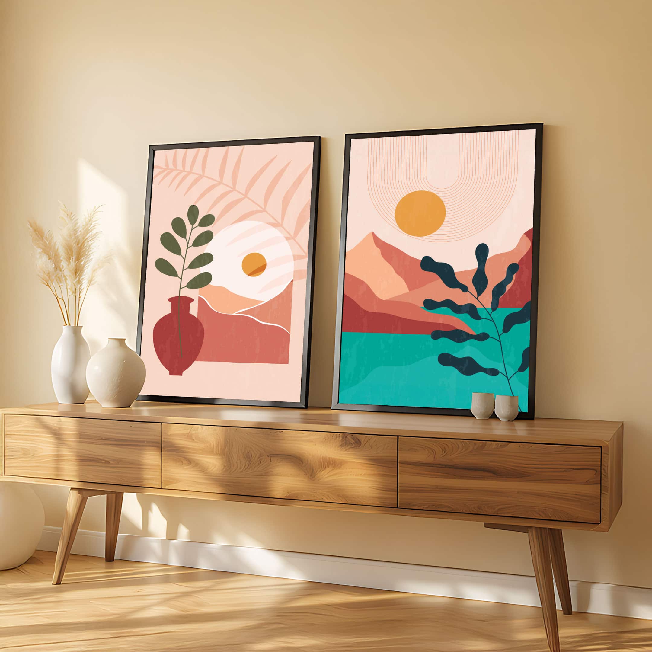 The Castle Decor Boho Abstract Botanical Wall Art Set of 2 Design 1 11x17 Inch - The Castle Decor