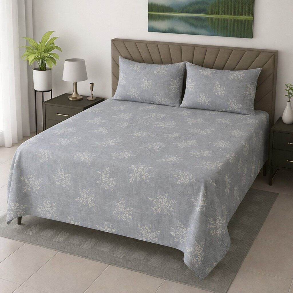Kora Blue Floral 400 TC Cotton Flat Super King Size Bedsheet with 2 Pillow Covers – Threads - Threads