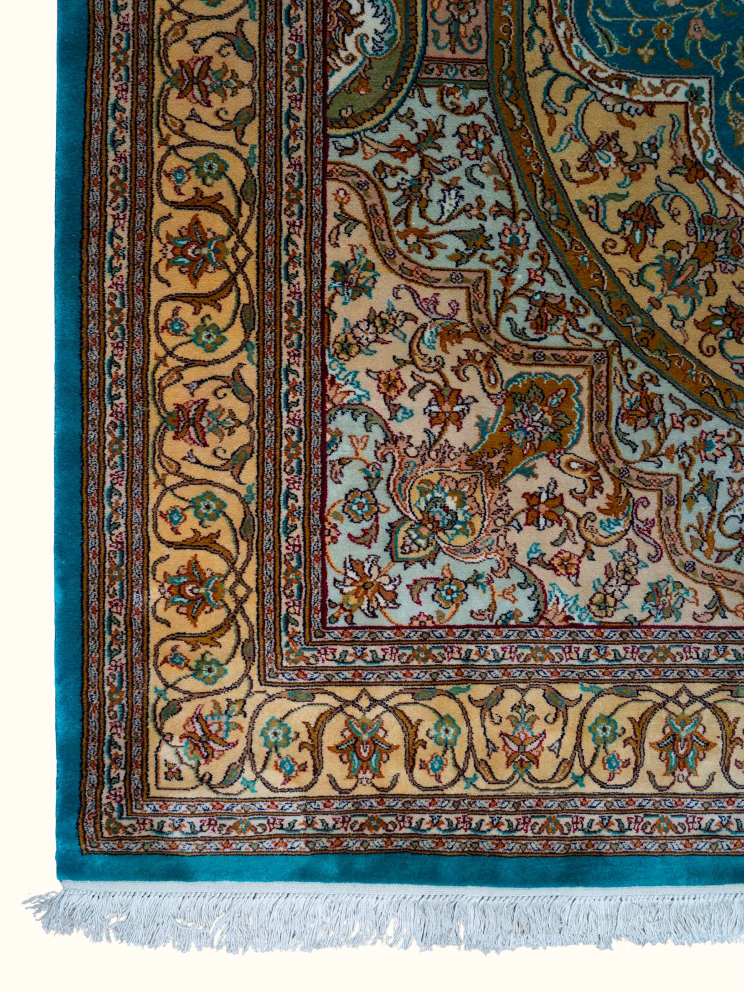 Traditional Persian Blue Tabriz Kashmir Silk Hand-Knotted Carpet