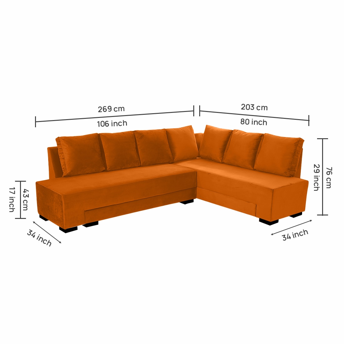 Melo 3 Seater Right Sectional Velvet Sofa Cum Bed in Orange colour