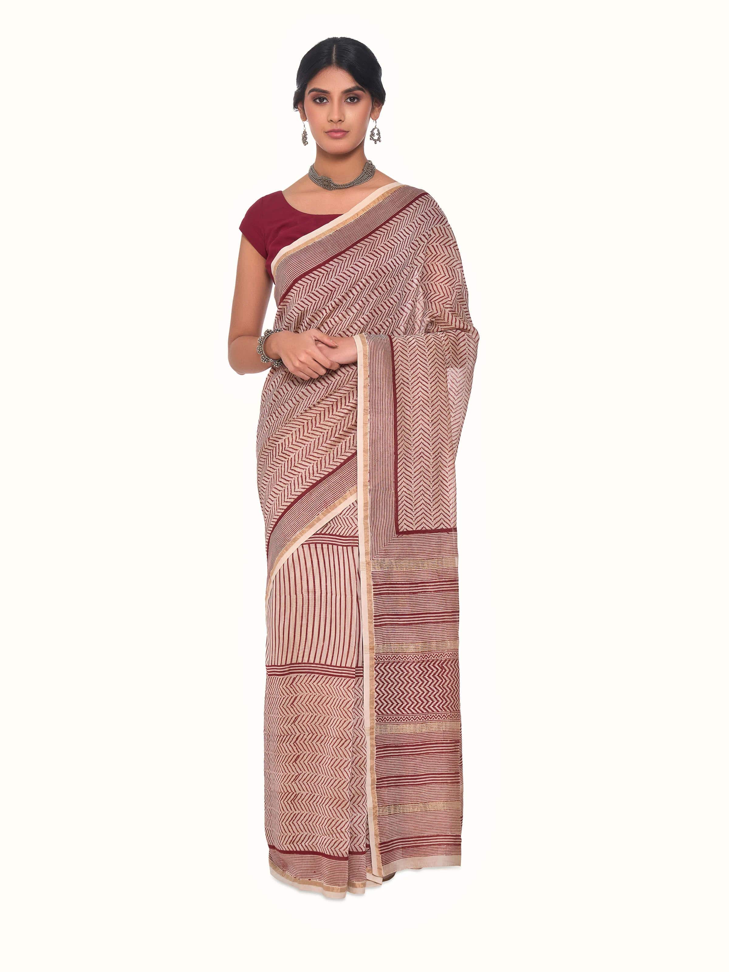 Red Chanderi Cotton Silk Bagh Block Printed Saree