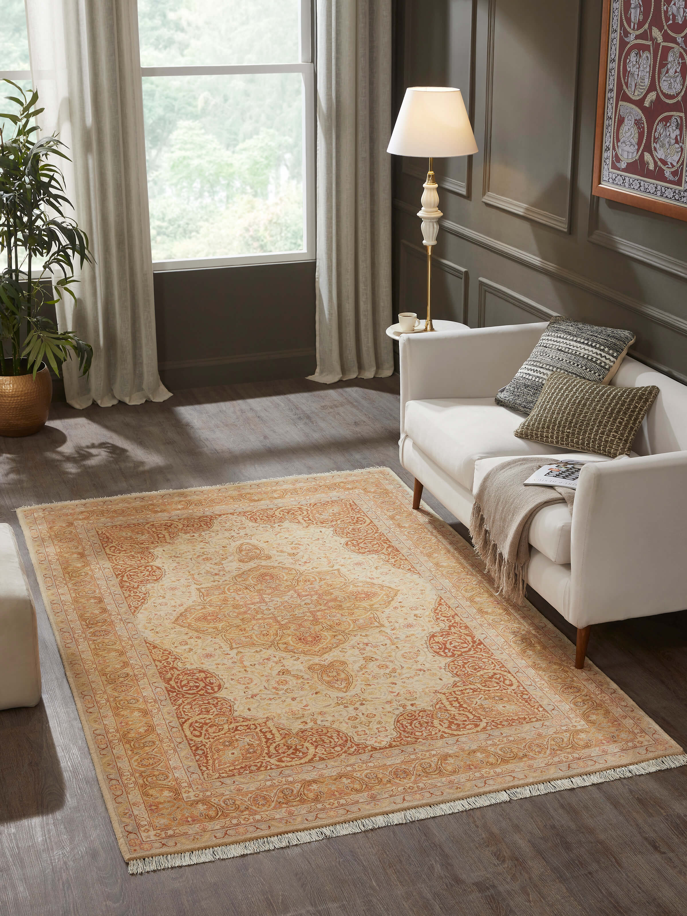 Lifestyle view of the Traditional Ziegler Rust Bhadohi Wool Hand Knotted Rug