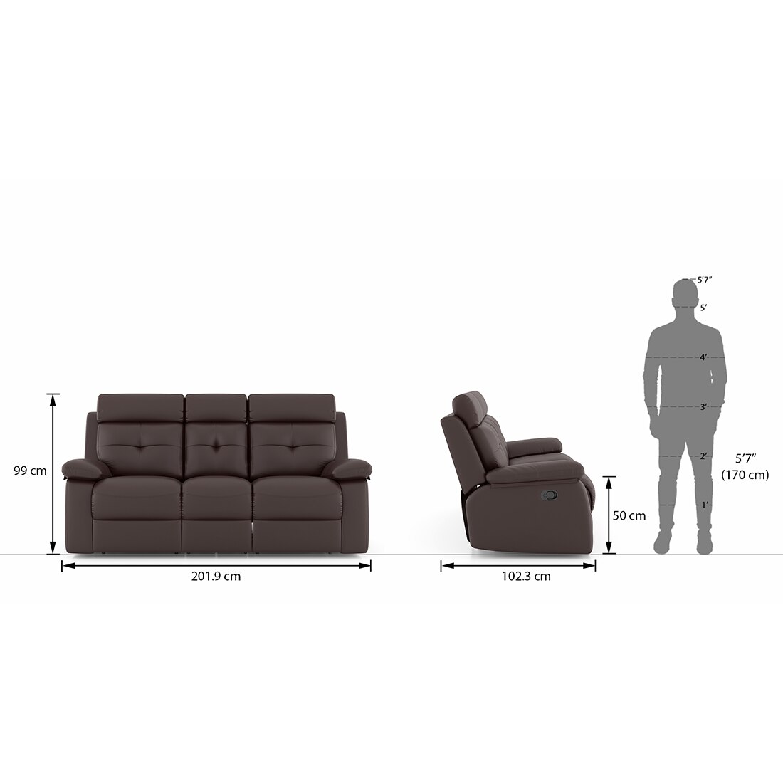 Raphael Leatherette Three Seater Manual Recliner in Brown Colour