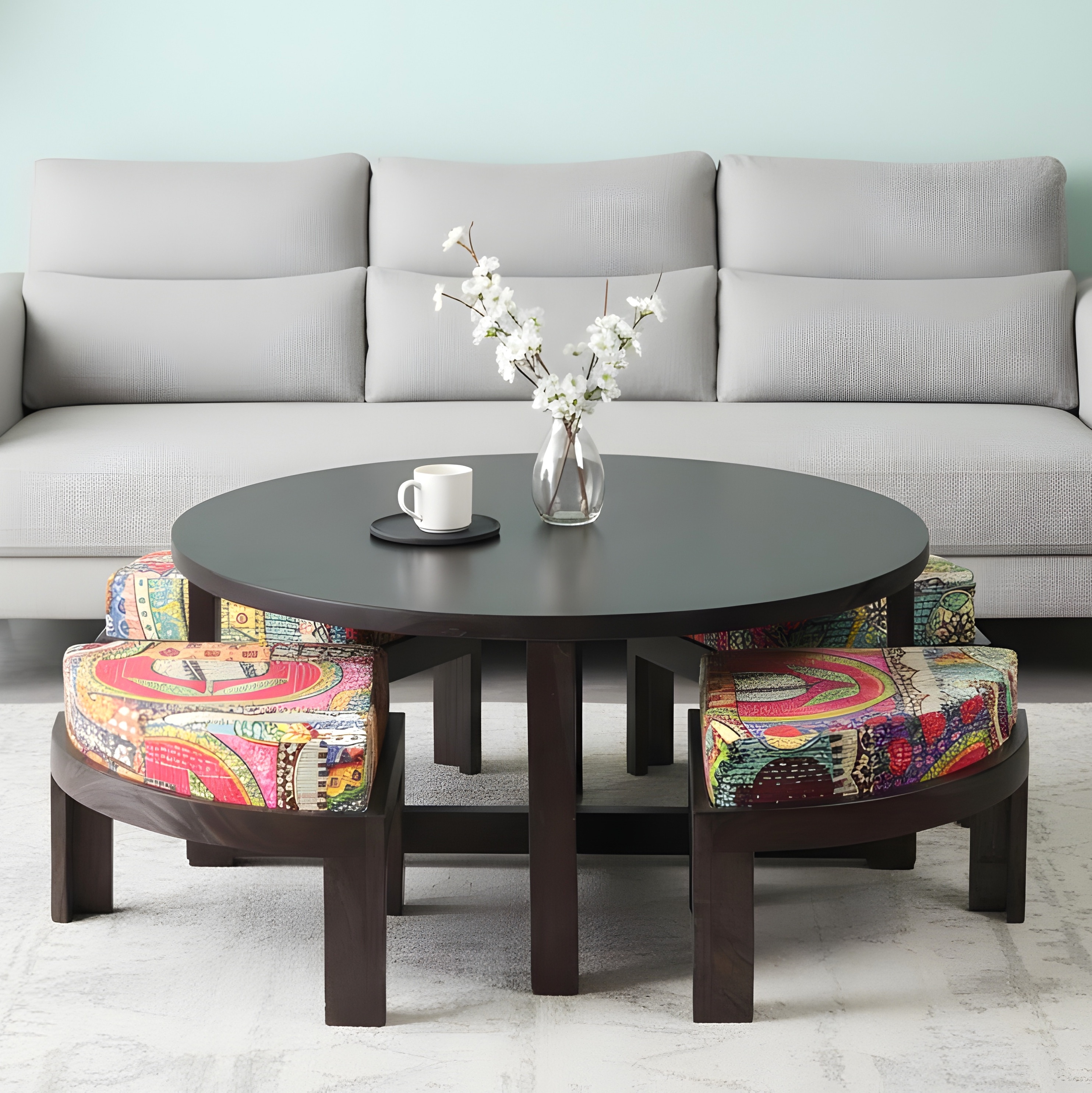 Nashville Sheesham Wood Coffee Table With 4 Stools Set In Mahogany Finish