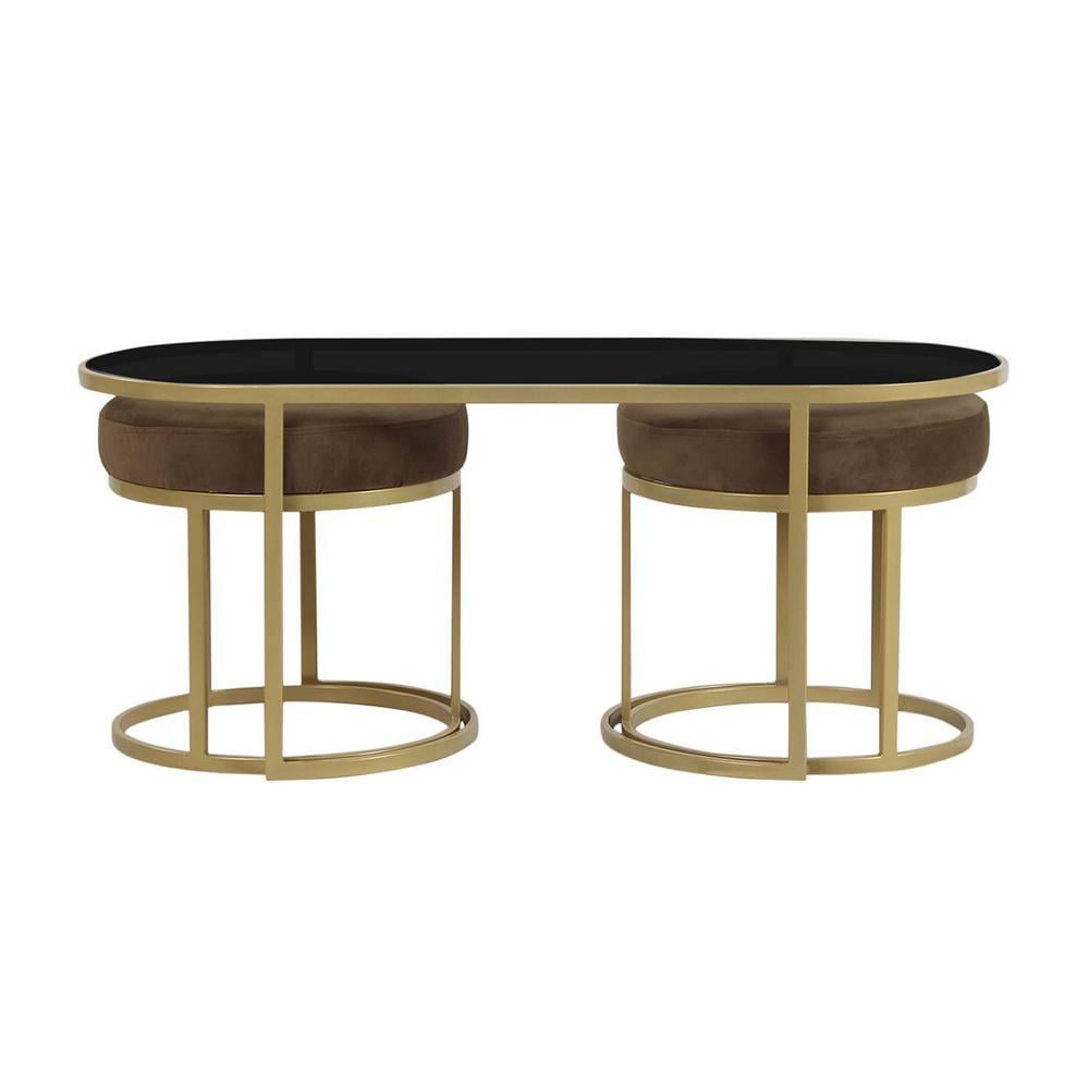 Benton Nesting Black Glass Coffee Table Set With 2 Stools In Gold Finish