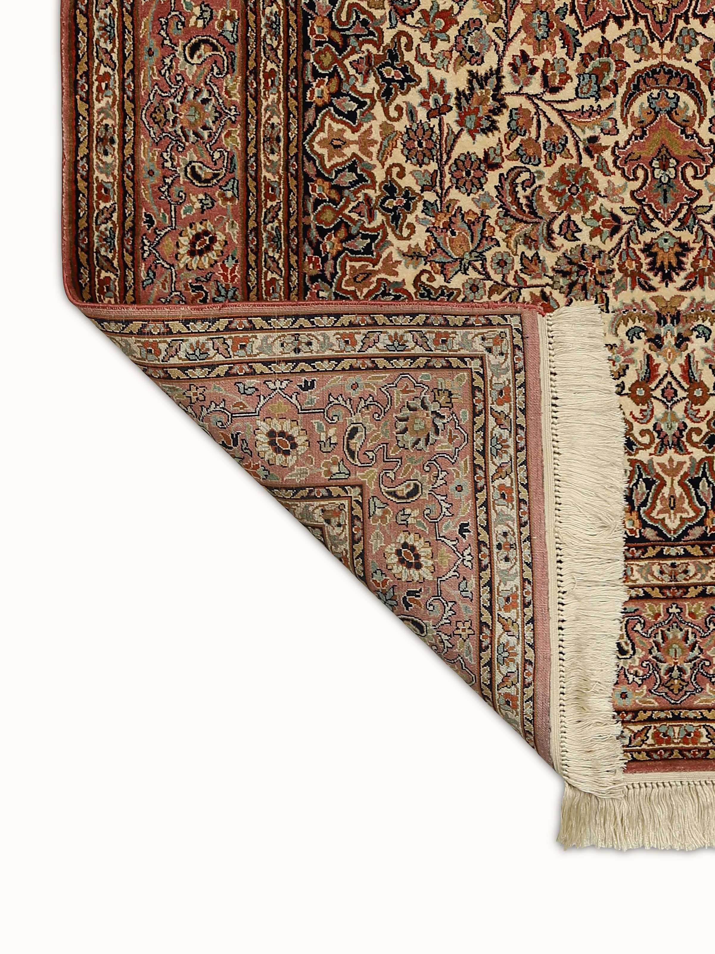 Traditional Persian Ivory Kerman Kashmir Silk Hand-knotted Rug