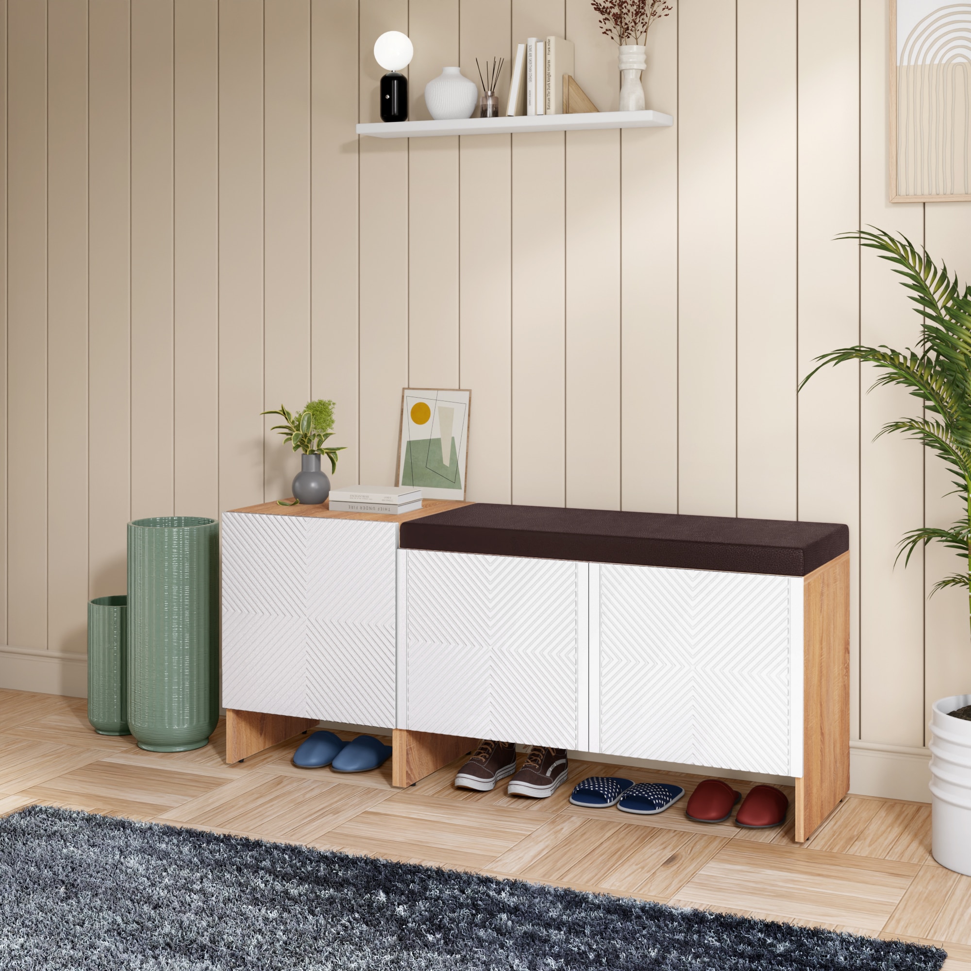 Trudo Modular Shoe Cabinet Combo with 12 Pair Seat Cabinet & 6 Pair Cabinet – Modular Shoe Storage Solution - Alex Daisy
