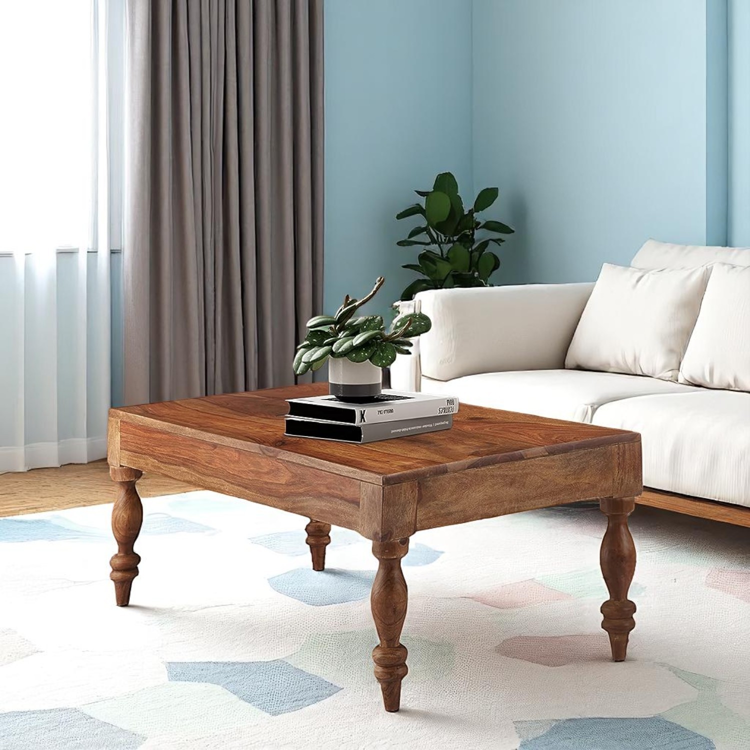 Hudson Sheesham Wood Traditional Rectangle Coffee Table In Natural Teak Finish