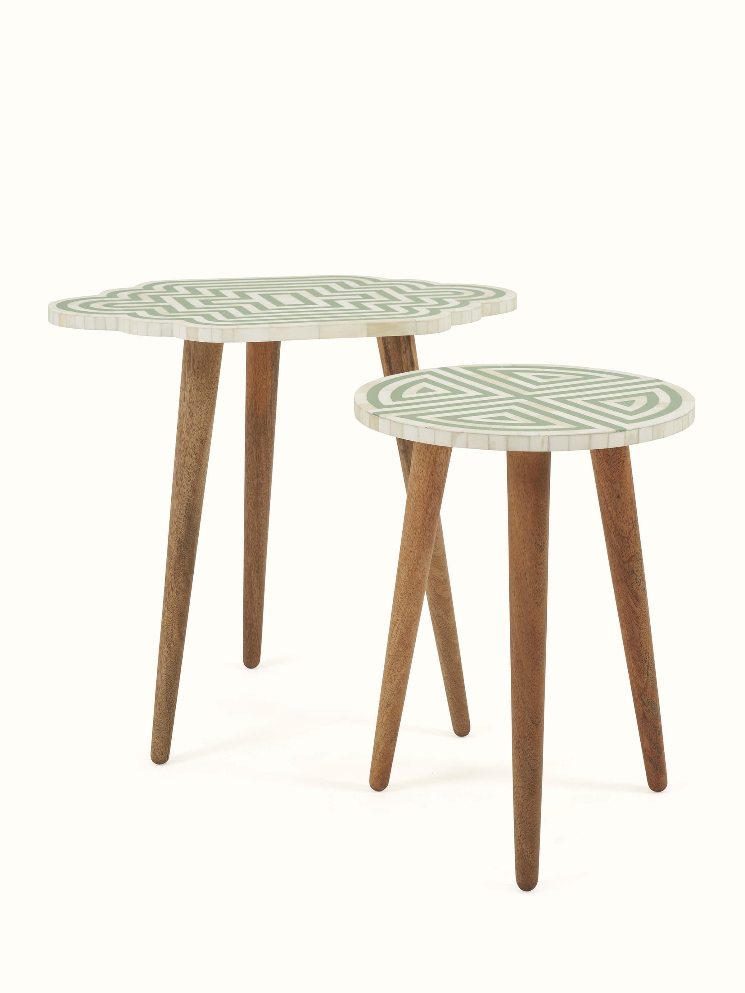 Angle view of Grey Acacia Wood Bone Inlay Nesting Tables (2 Pcs) showcasing intricate bone inlay design and elegant finish.