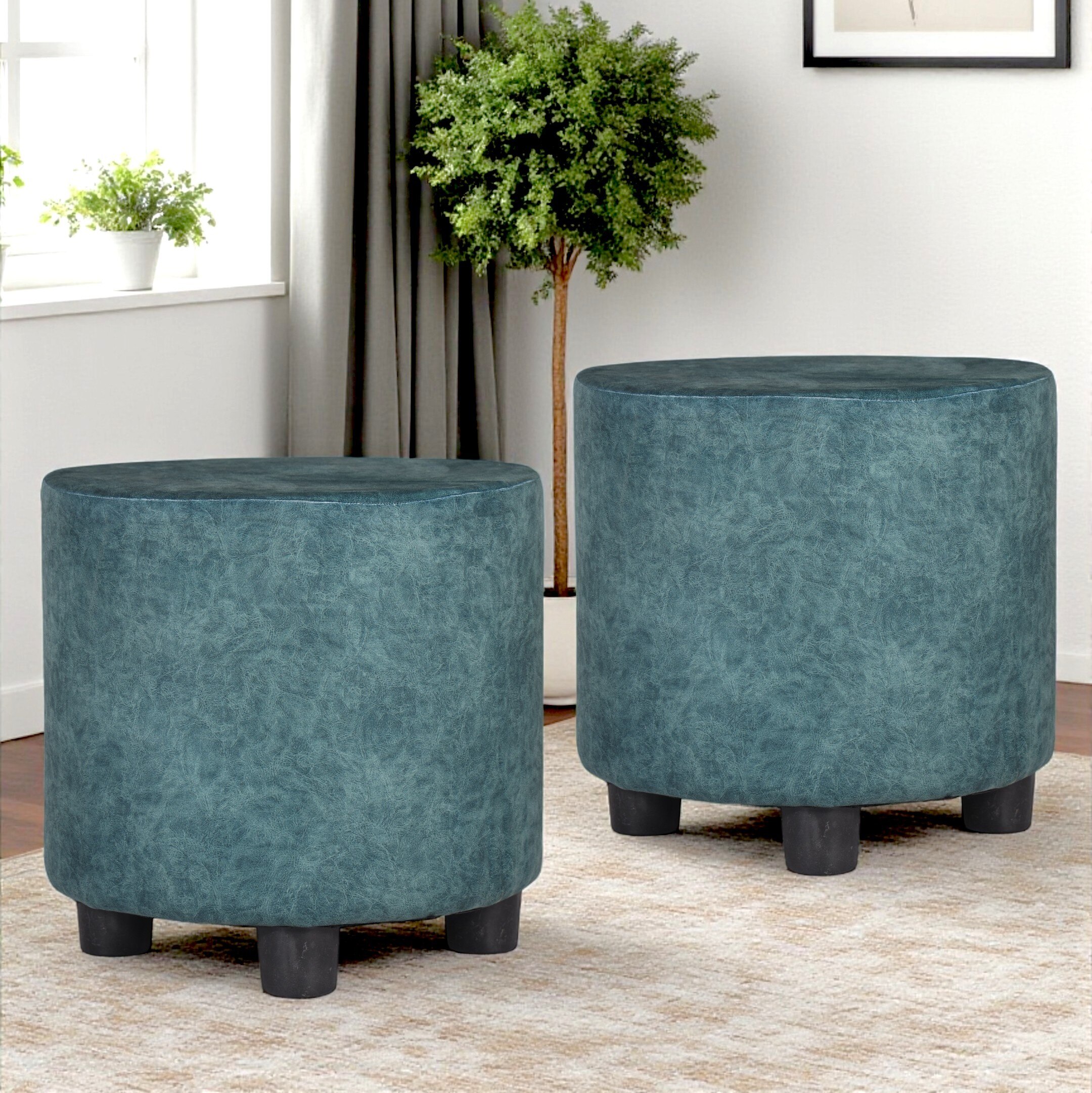 Lisbon Solid Wood Ottoman Pouffee in Textured Cyan Blue Jackard fabric