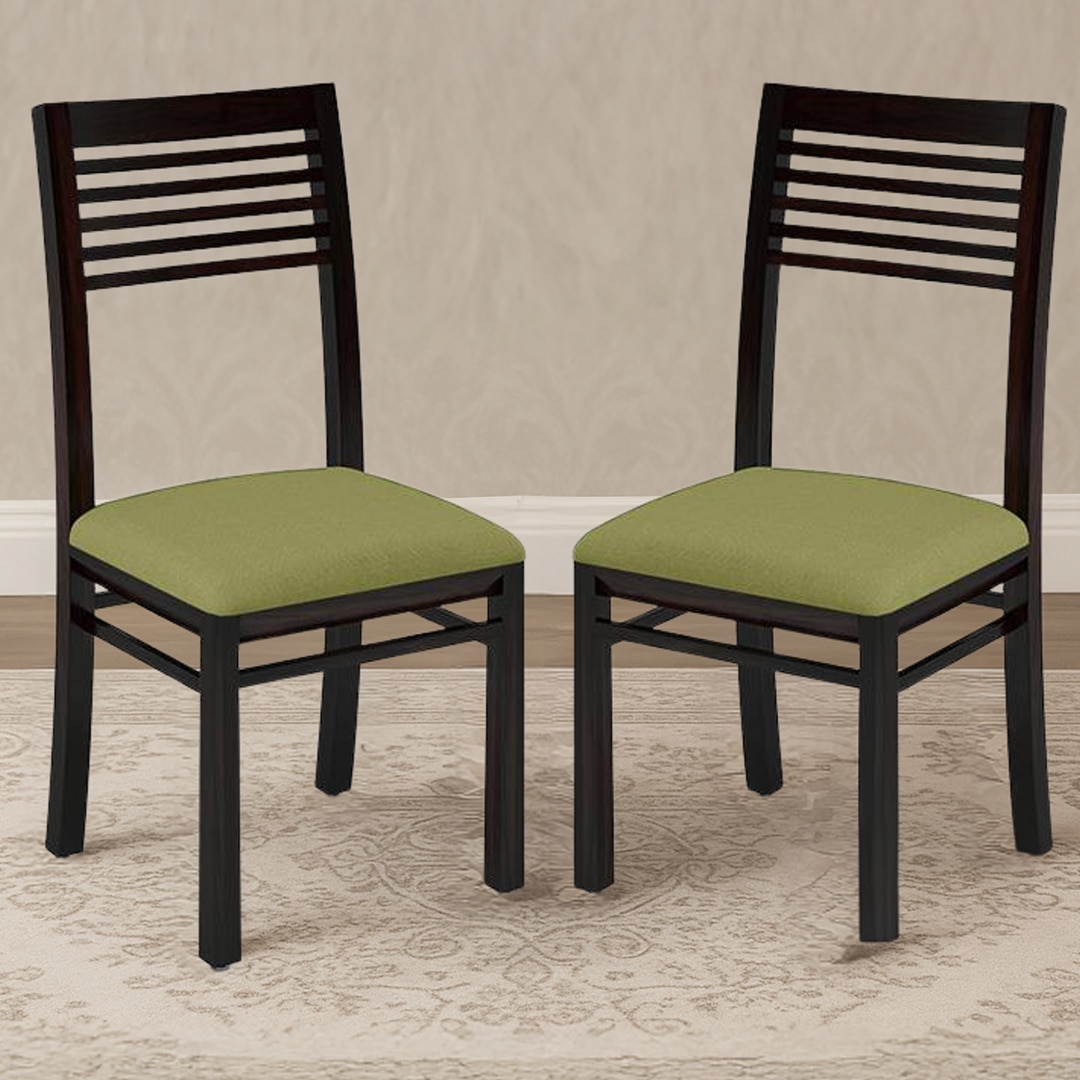 Zella Solid Wood Dining Chair Set Of 2 In Mahogany Finish With Avocado Green Fabric
