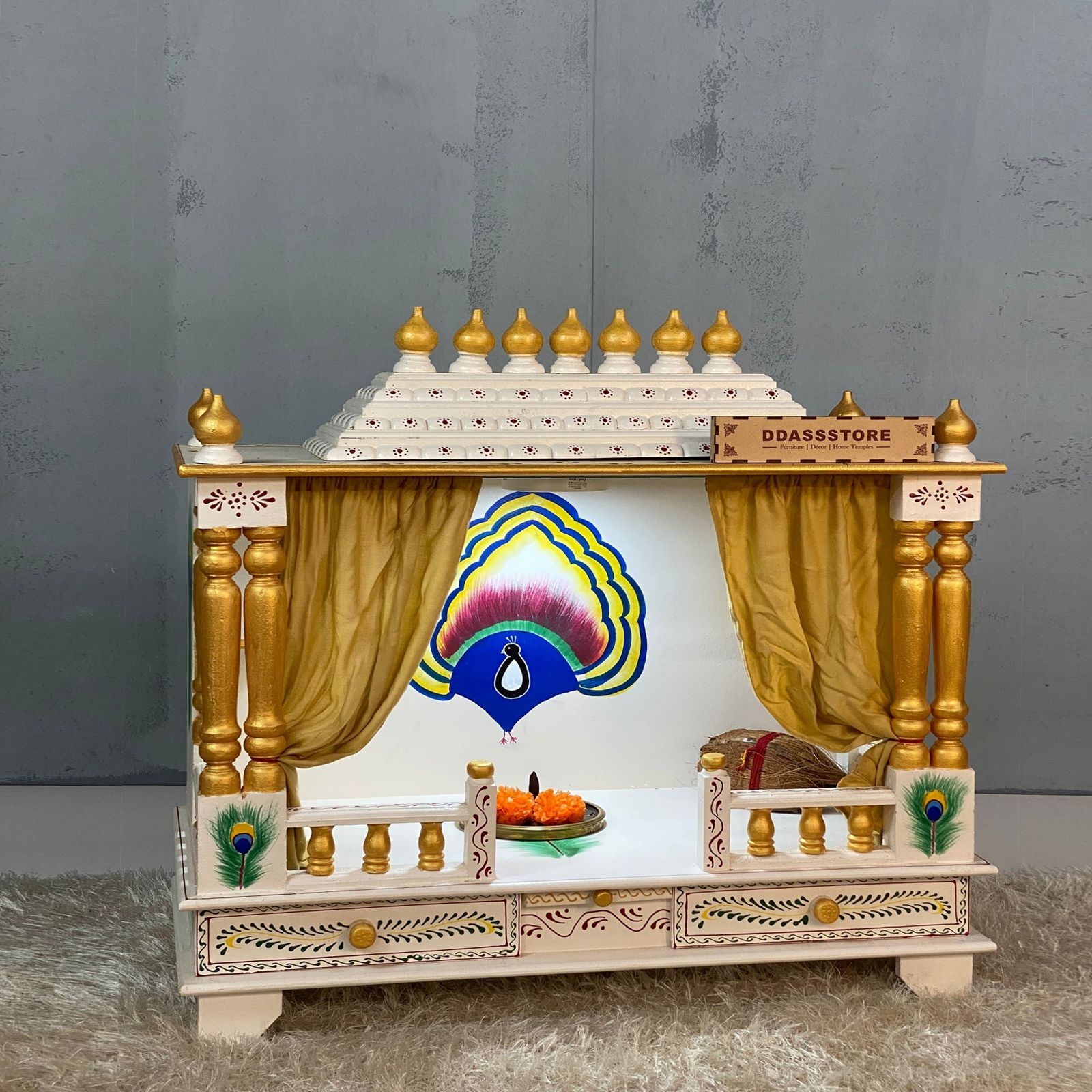 D'Dass White Sheesham and Mdf Wooden Temple For Pooja In Home and Office