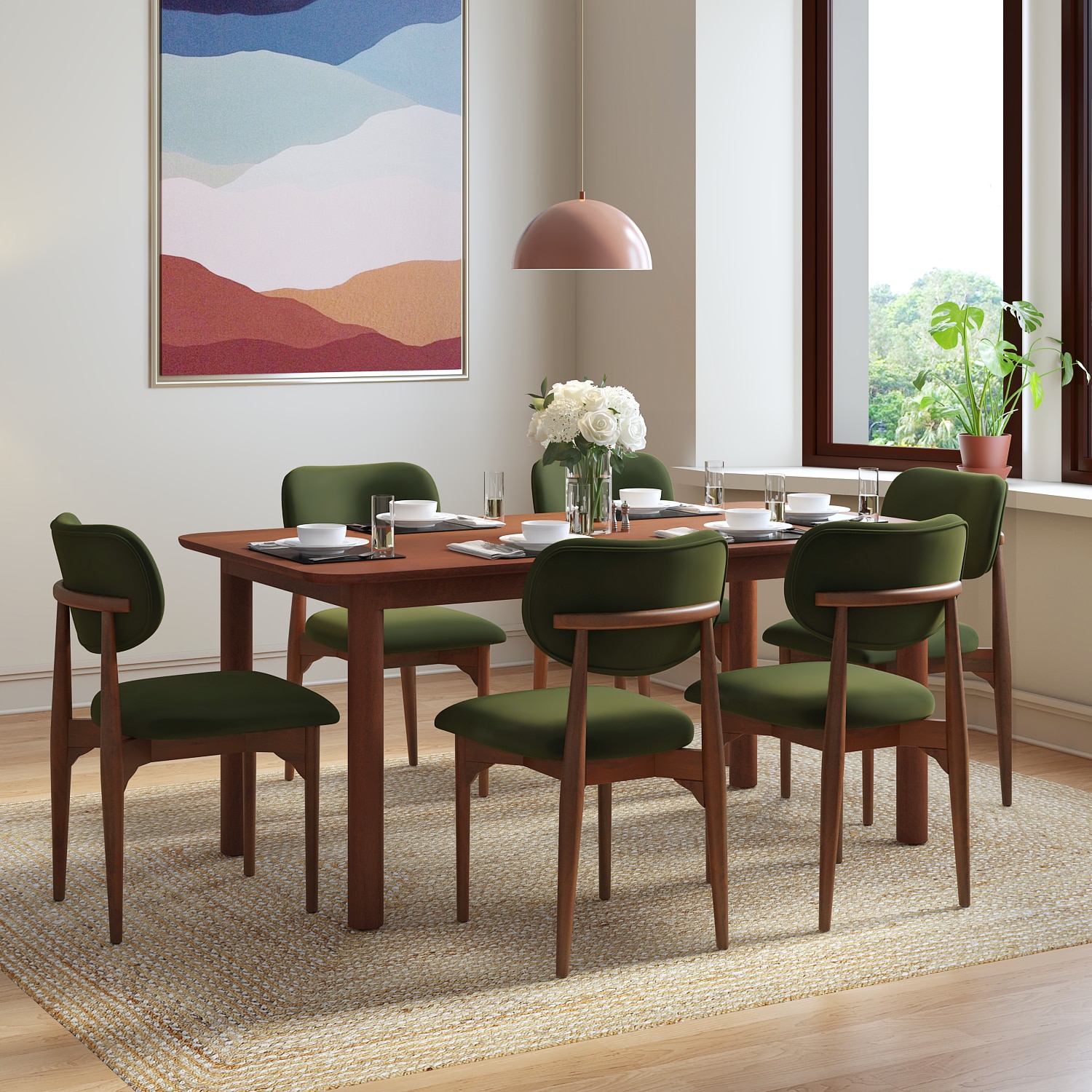 Dane Solid Wood Dining Table 6 Seater with 6 Oille Solid Wood Dining Chairs (Finish: Honey, Colour: Deep Olive) - Urban Ladder