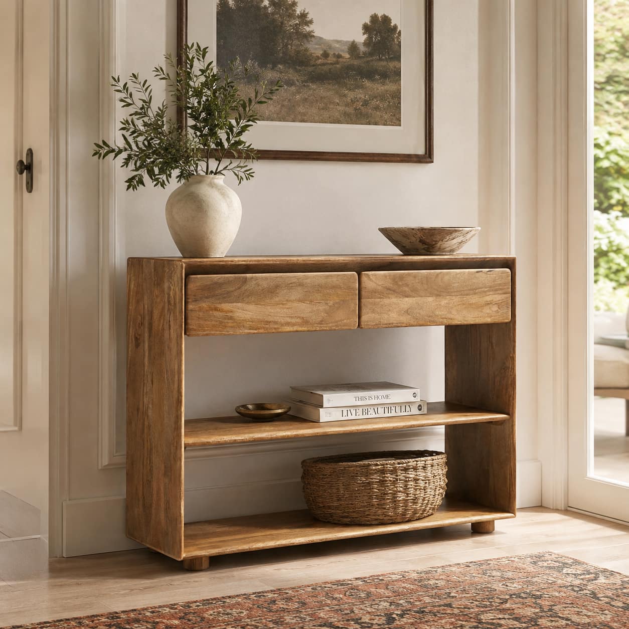 Perla Mango Wood Console Table in Provincial Teak Finish With 2 Drawer