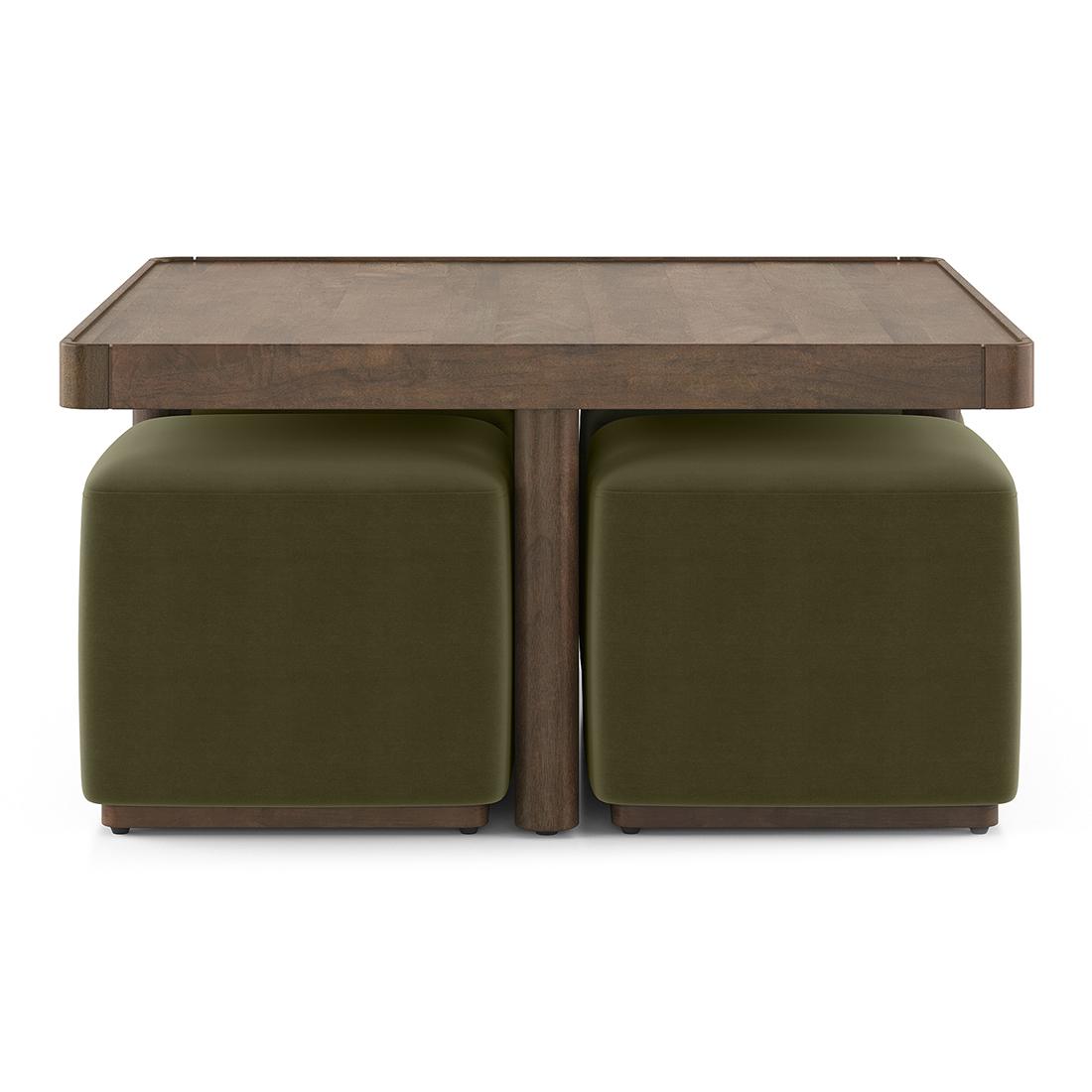 Tetra Square Solid Wood Coffee Table With Seats In Danish Walnut Finish In Olive Colour Fabric