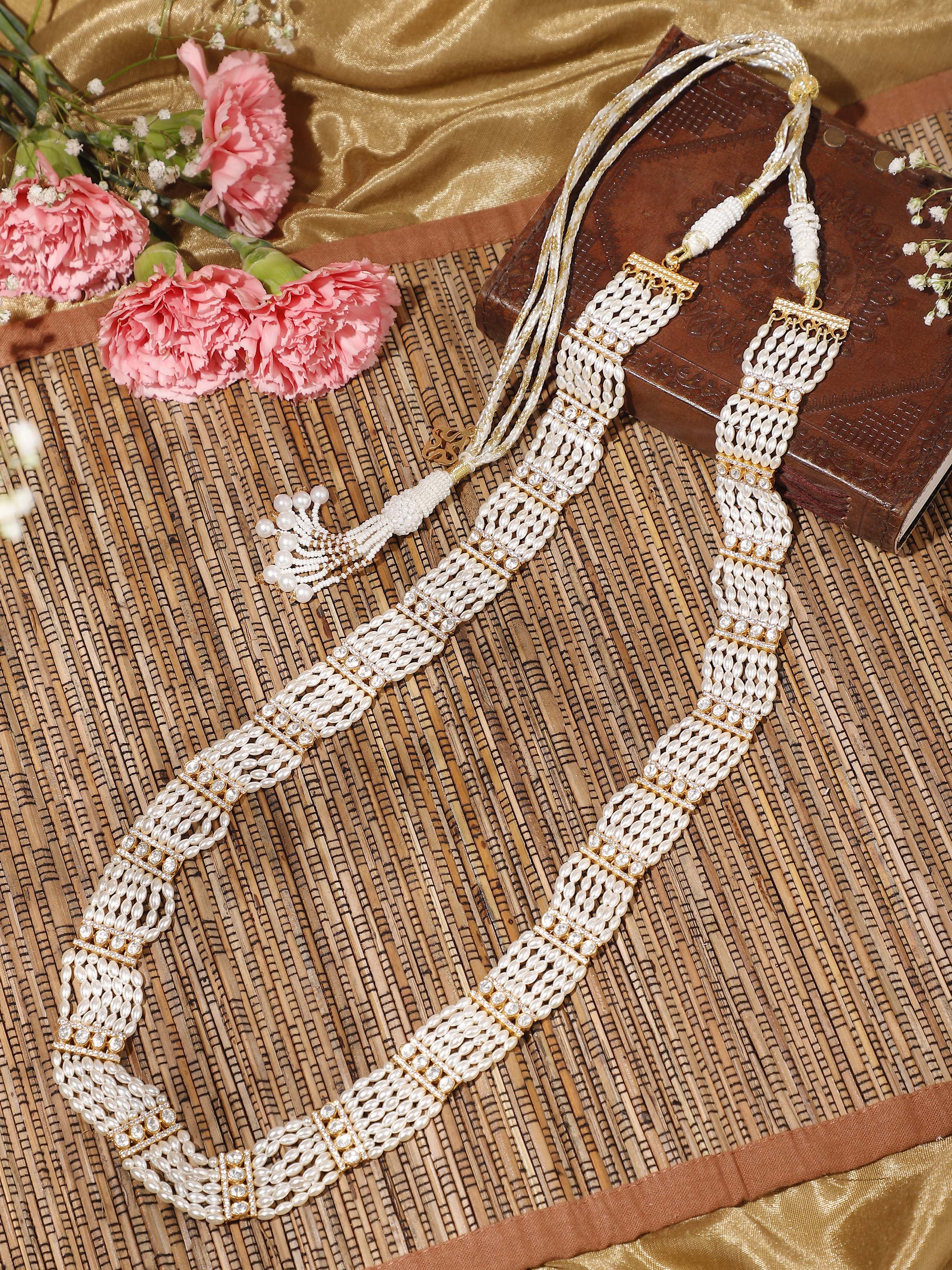 Dank Polki silver long necklace worn on neck – Swadesh