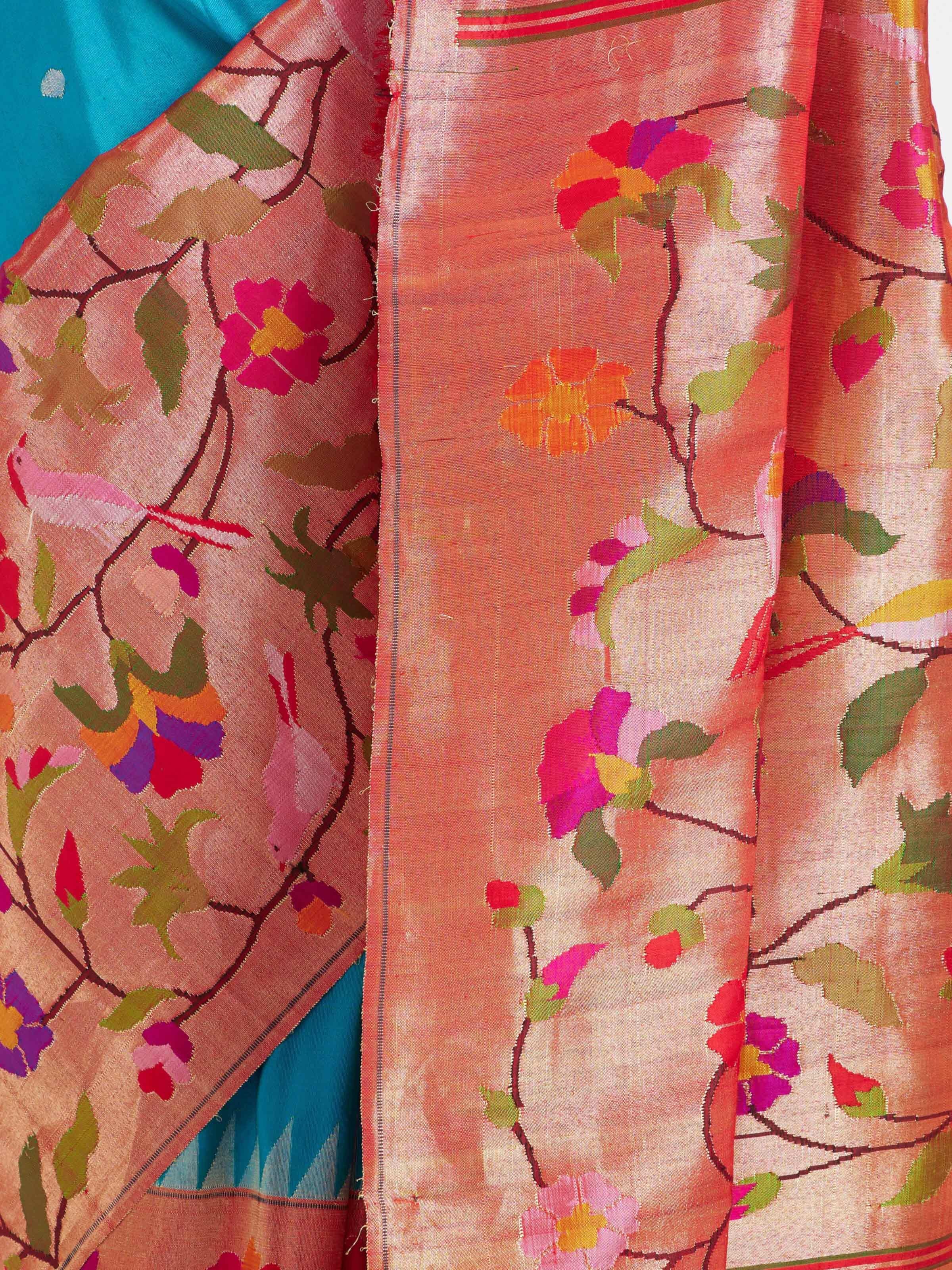 Turquoise Mulberry Silk Paithani Handloom Saree