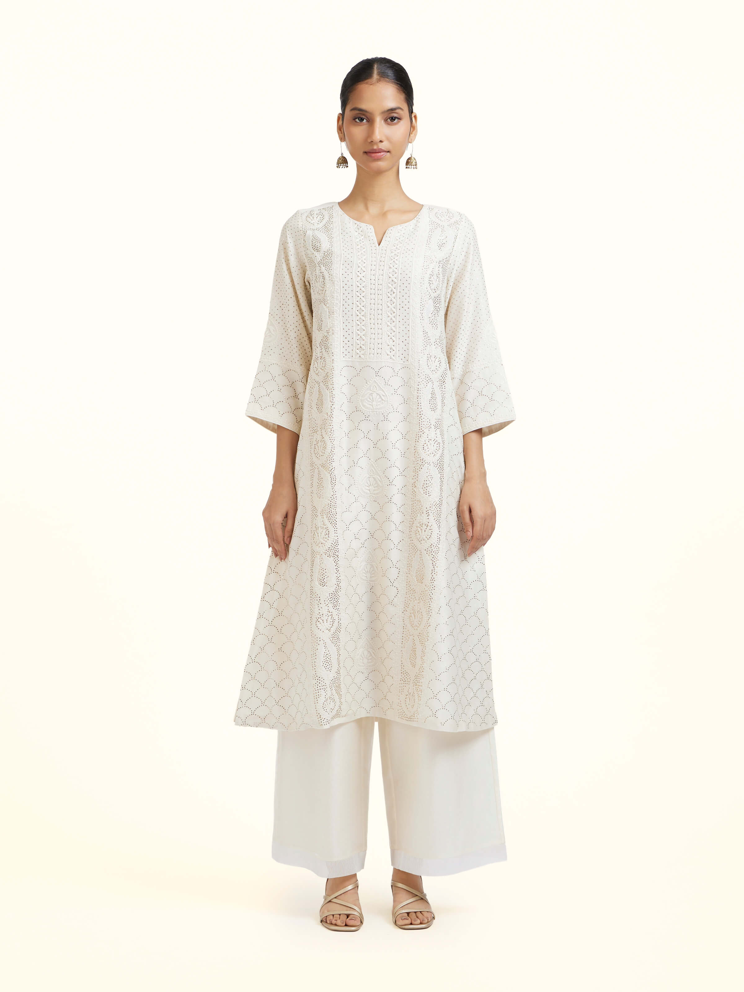 White Chanderi Cotton Silk Chikankari A-Line Kurta