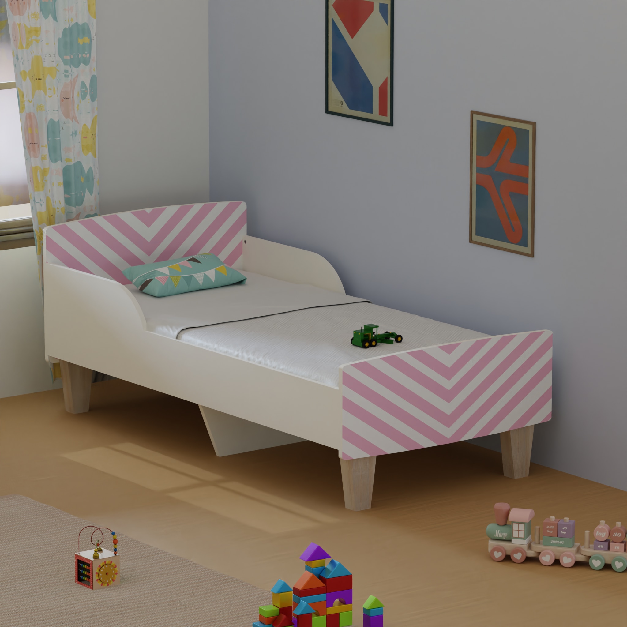 Minimalist Kids Toddler Bed in White and Pink Stripes