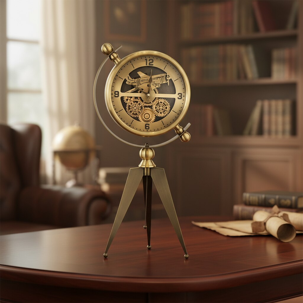 Vintage Aviator Gear Tripod Table Clock Antique Brass Metal Steampunk Decor