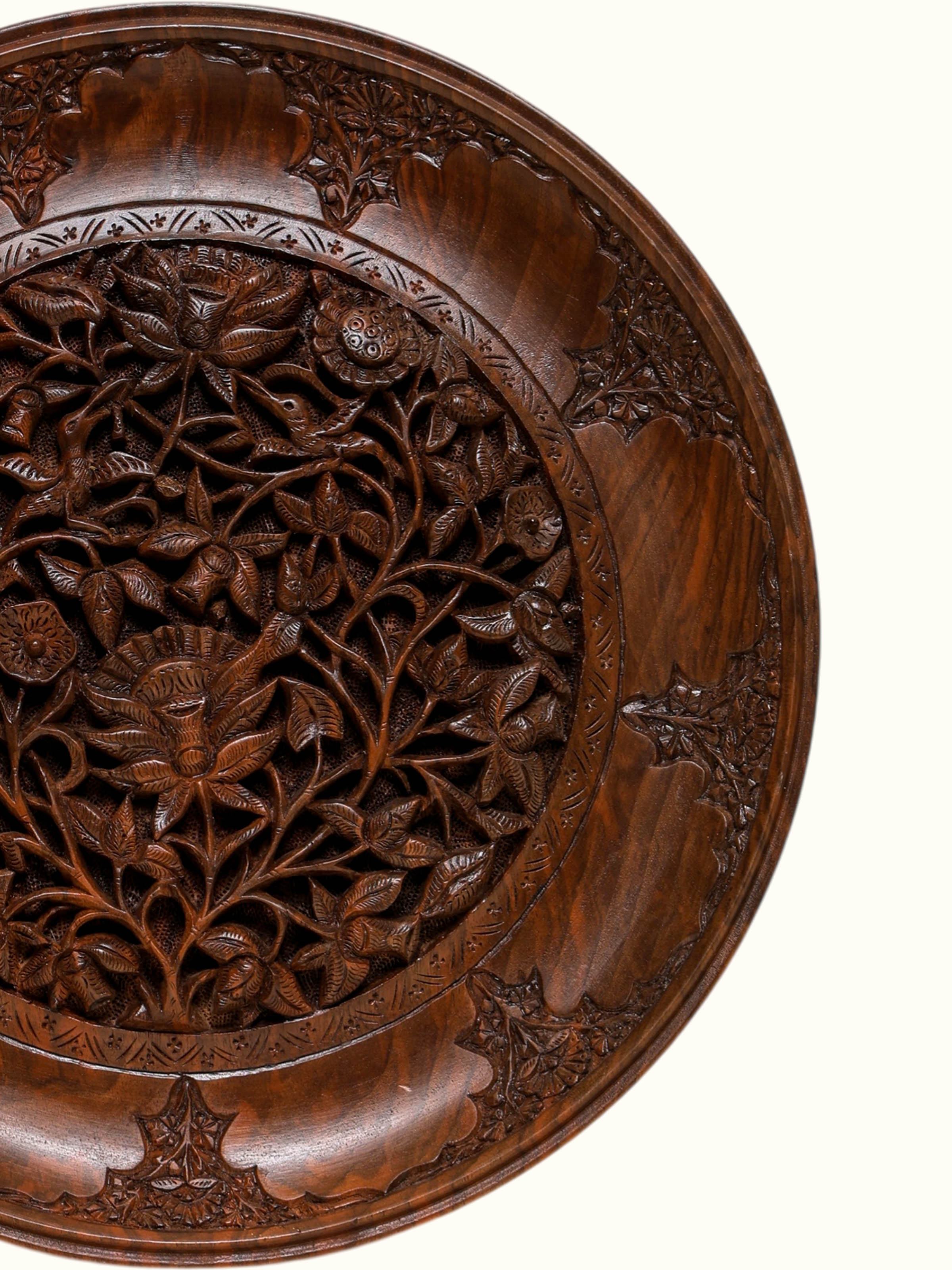 Detail view of the Roz e Gul Walnut Wood Display Plate
