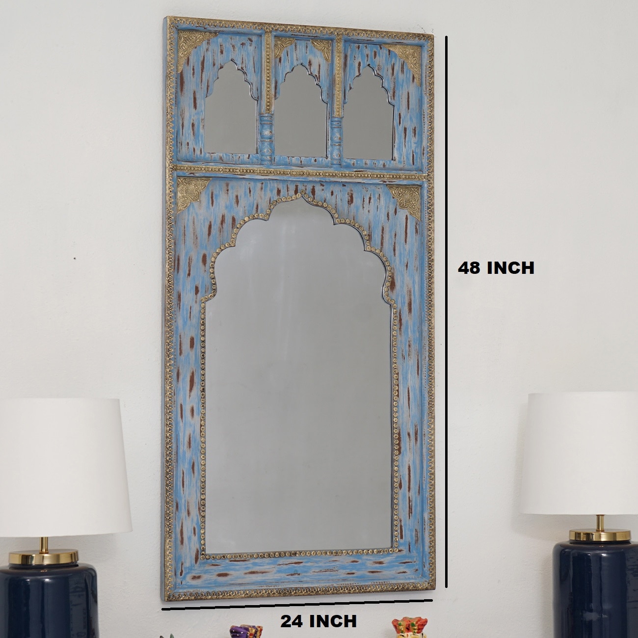Nora Wood Carved Mirror Frame in Distressed Blue
