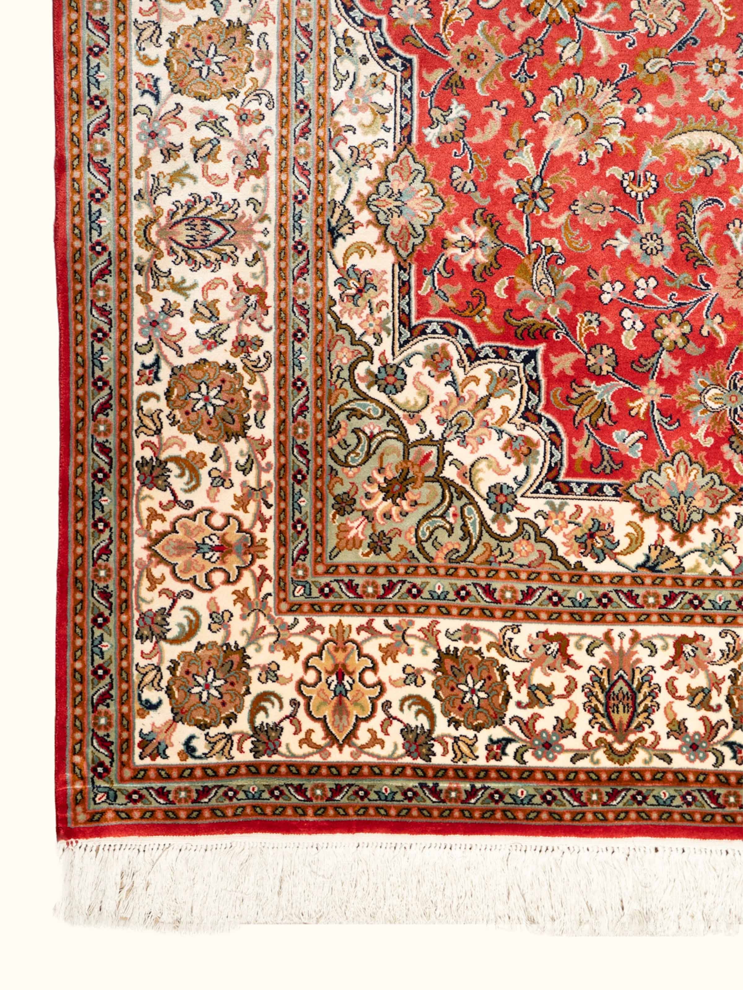 Traditional Kashan Red Kashmir Silk Hand-Knotted Carpet