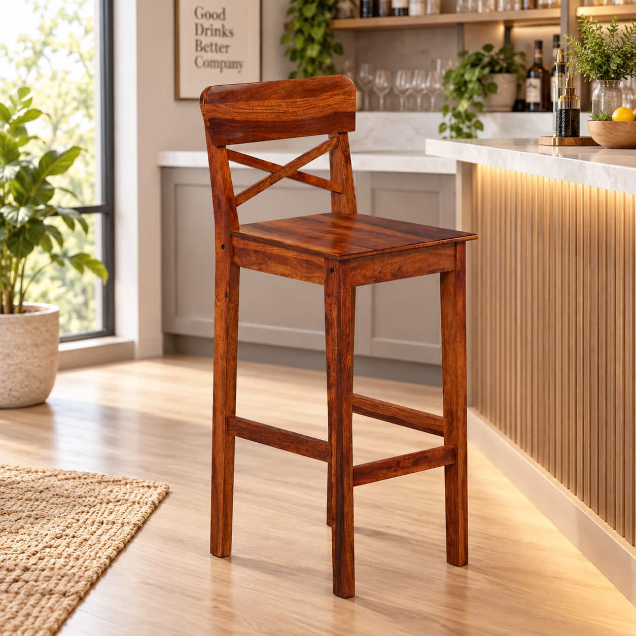 Zewar Sheesham Wood Bar Chair in Honey Oak Finish
