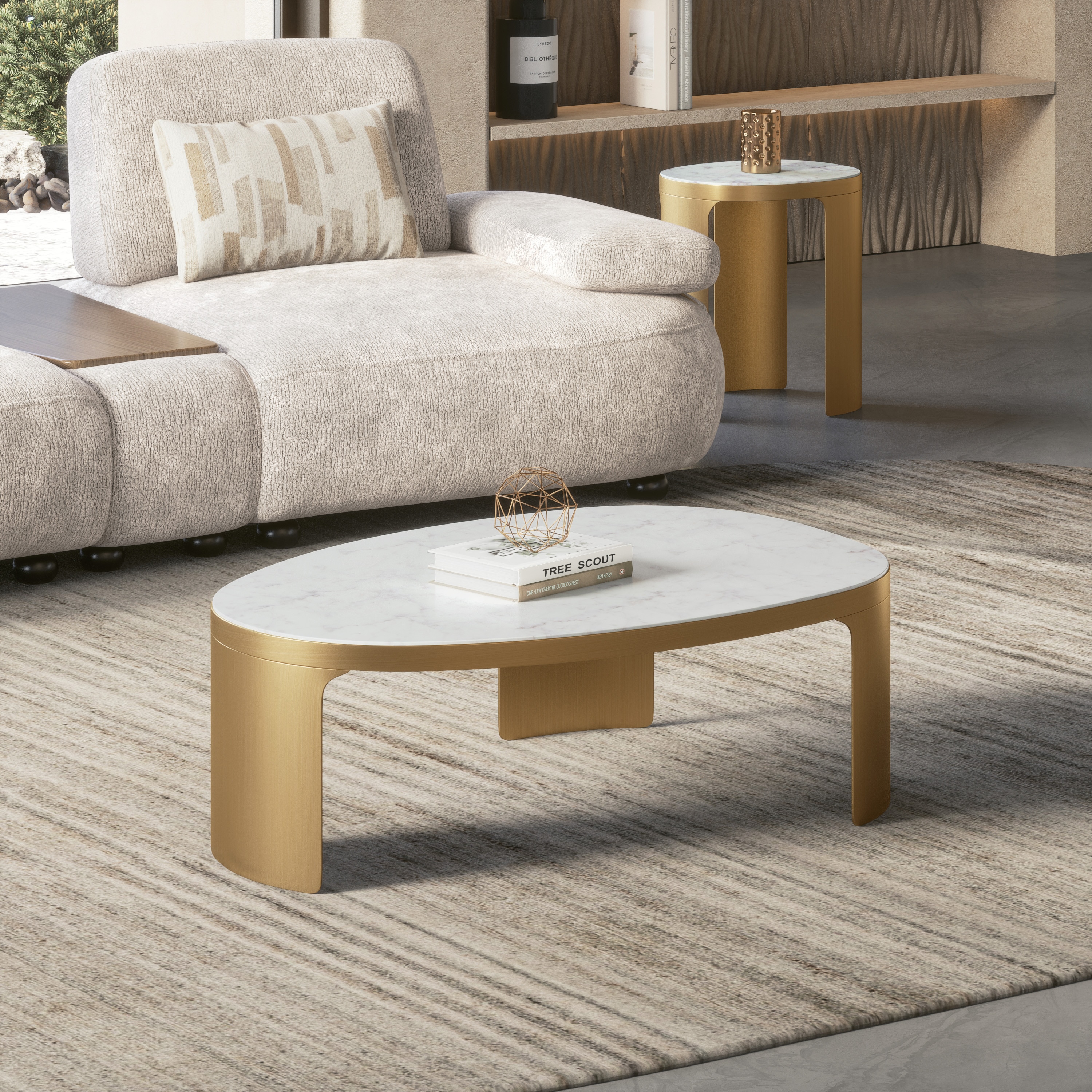 Riva Organic Metal And White Banswara Coffee Table In Brushed Gold Finish-image-5