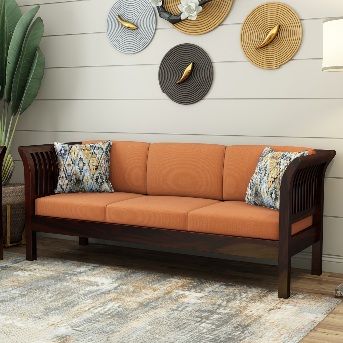 Haveli 3 Seater Wooden Sofa (Orange Colour, Walnut Finish) - Woodenmood