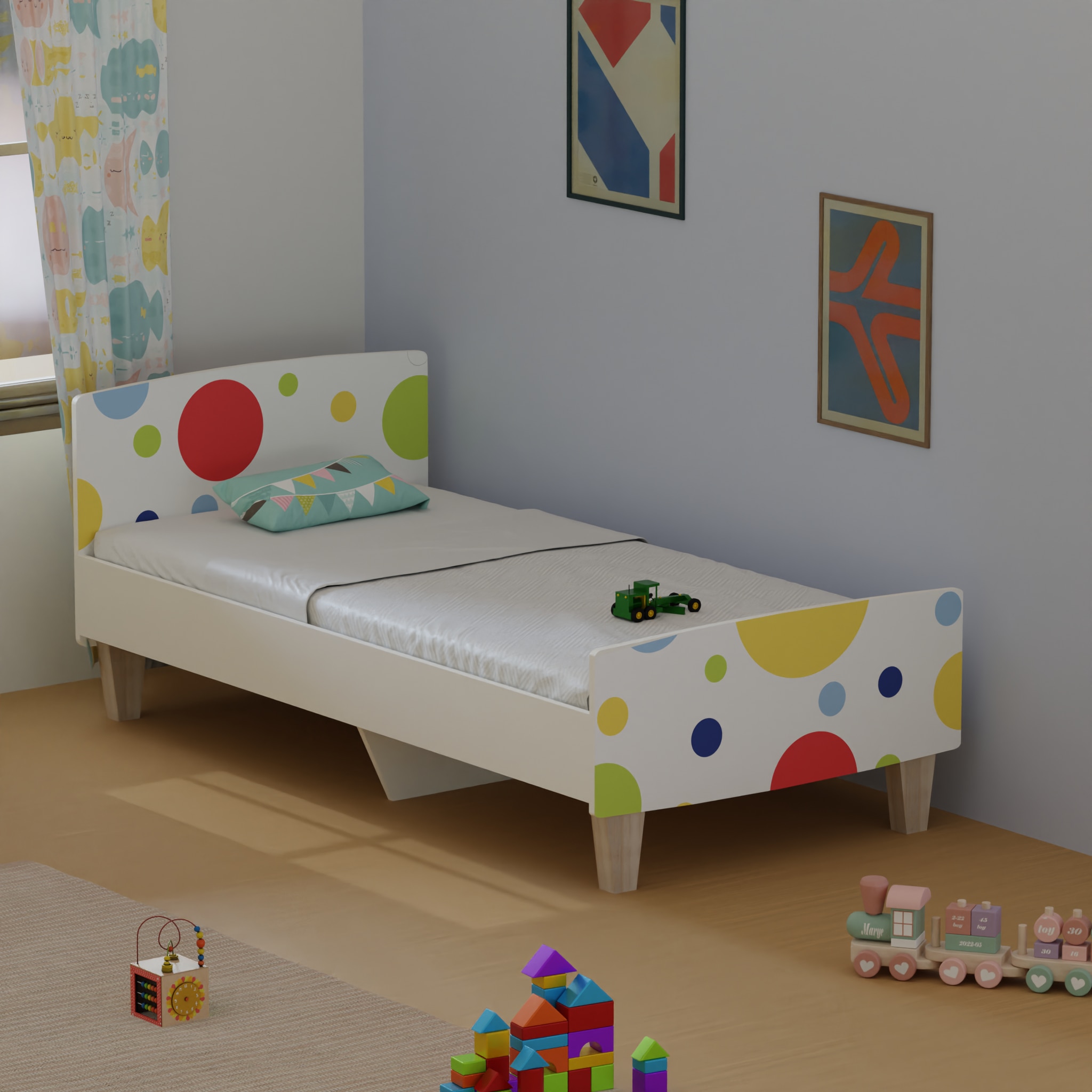 Minimalist Kids Single Bed in White and Multicolor