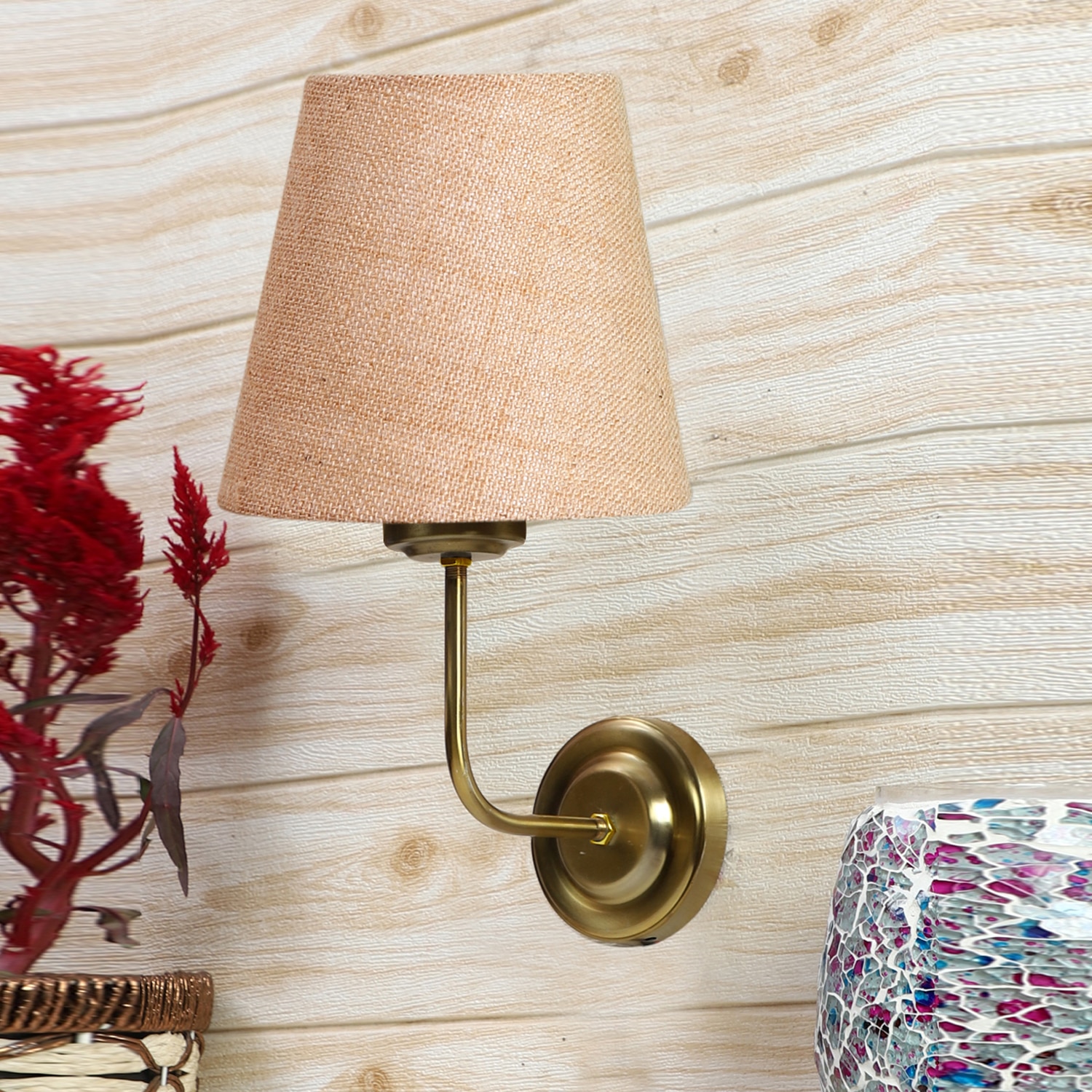 Devansh Metal Electric Wall Light in Gold Colour with Beige Shade Count of 1 Light - Devansh