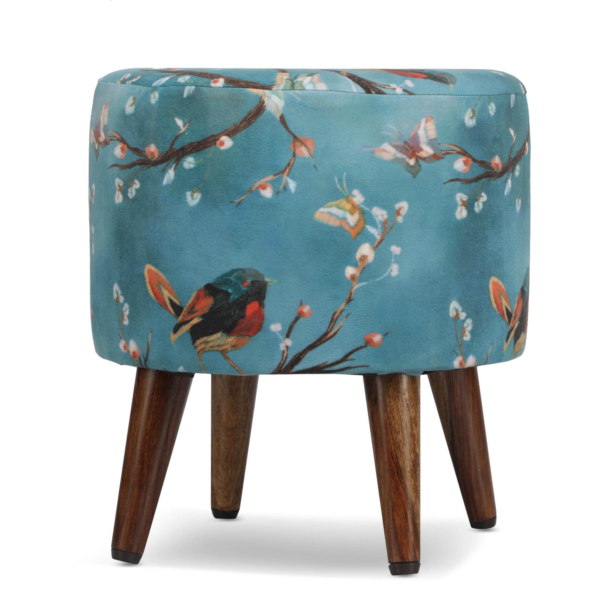 Aurora Solid Wood  Ottomon in  Blue Colour