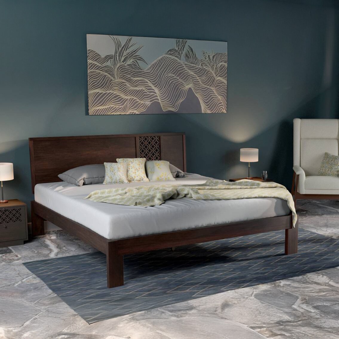 Alaca Solid Wood Queen Size Bed In Mahogany Finish