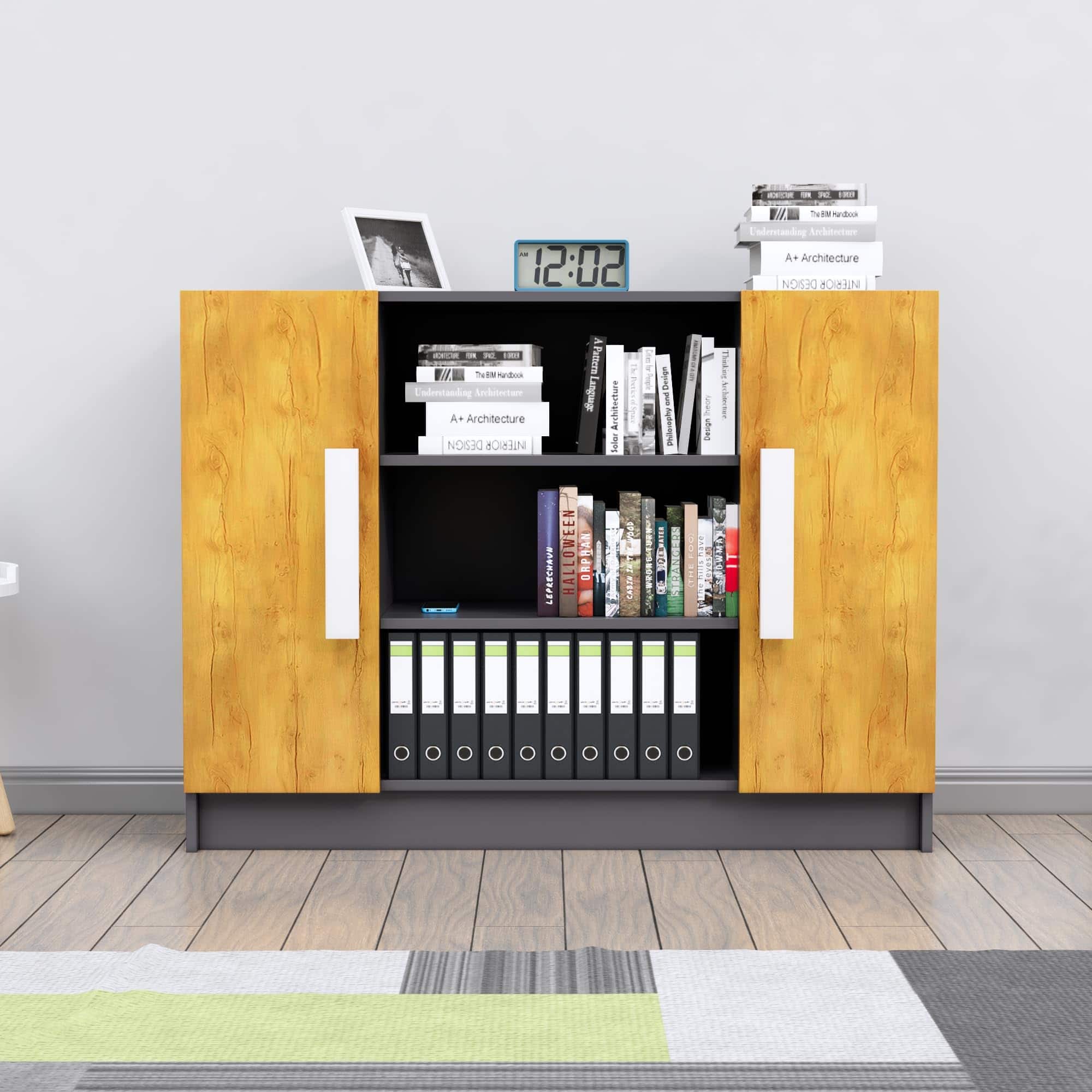 Hexa Engineered Wood Bookshelf in Slate Grey and Giant Wood Colour - HexaRed