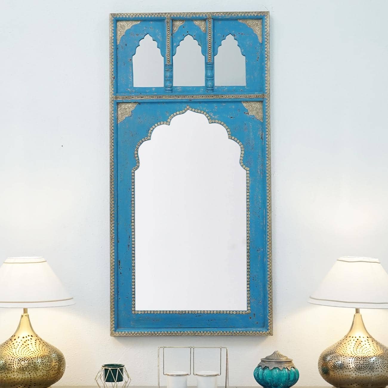Tale Wood Carved Mirror Frame in Distressed Dark Blue