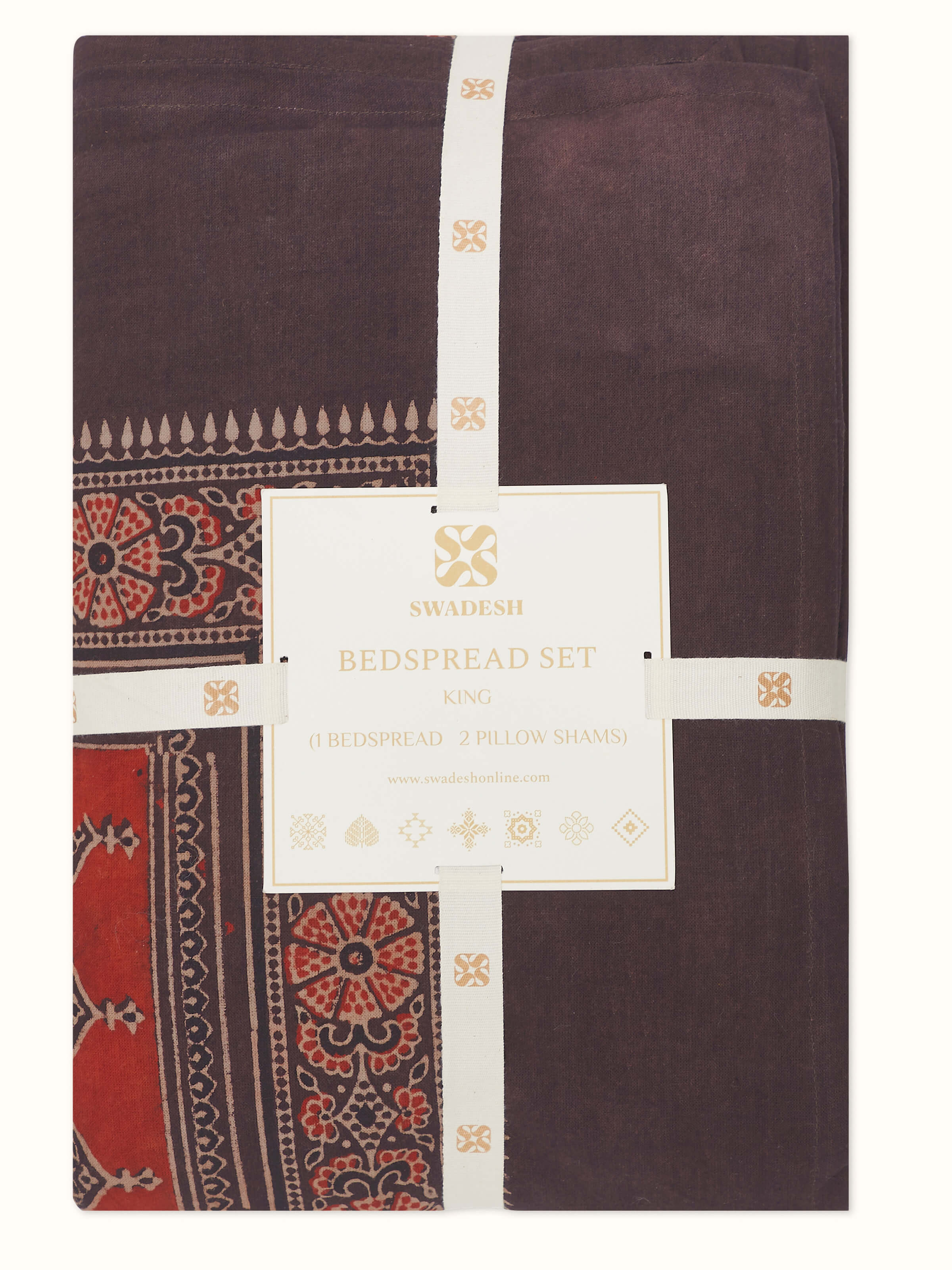 Perspective view of Sindh multicolour jaal cotton ajrakh block printed king bedspread set (3 pcs) displaying its overall design and color vibrancy.