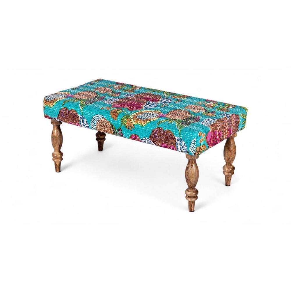 Bestone Solid Wood Bench In Floral Print Green Kantha Fabric