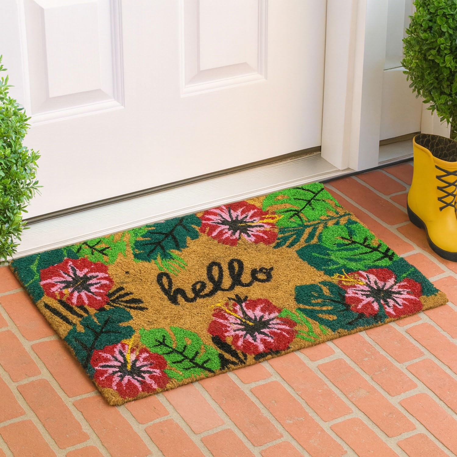 Luxe Home 100% Natural Coir Doormat Hello Floral Print Design (71x45 cm)