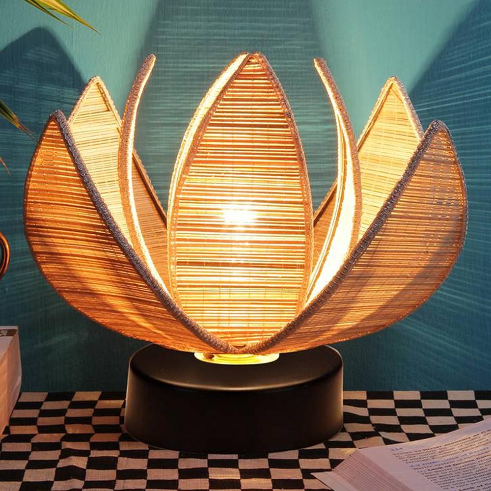 Roger Beige Bamboo Shade Table Lamp with Black Iron Base - Devansh
