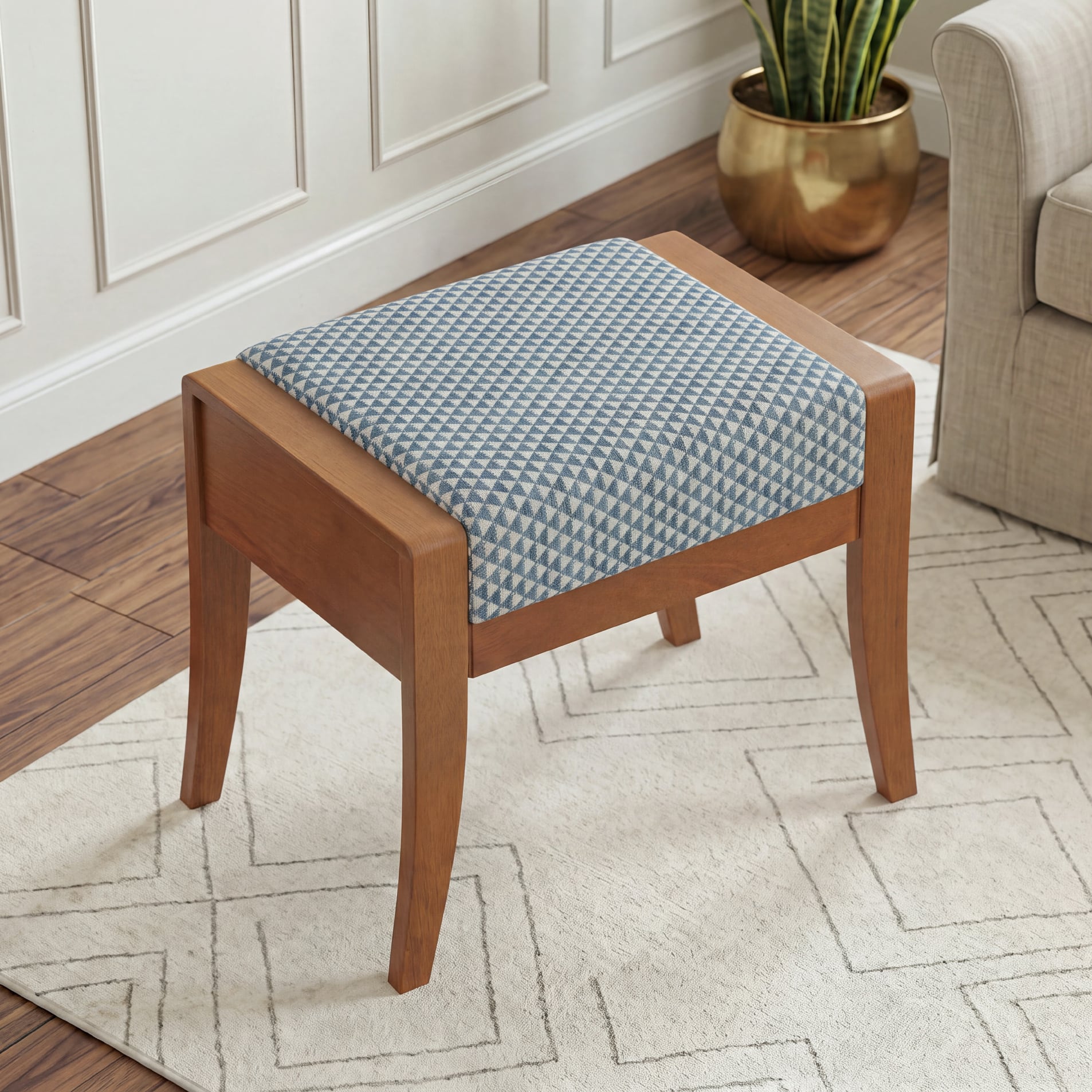 Ibha Solid Wood Single Seater Entryway Bench In Amber Walnut Finish with Indigo Crest Colour