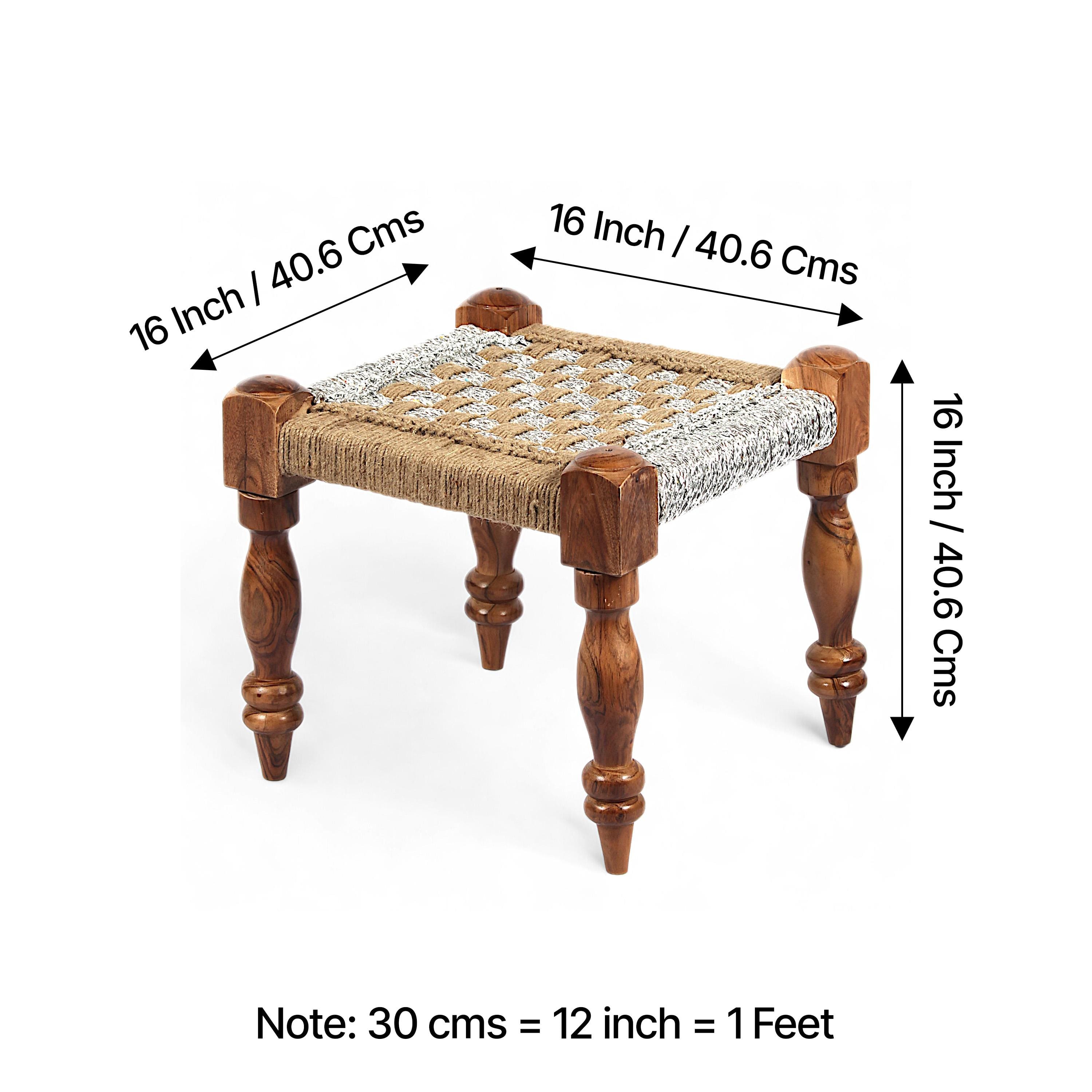 Riaza Sheesham Wood Maachi Stool in Natural Jute & Silver Rope Canning