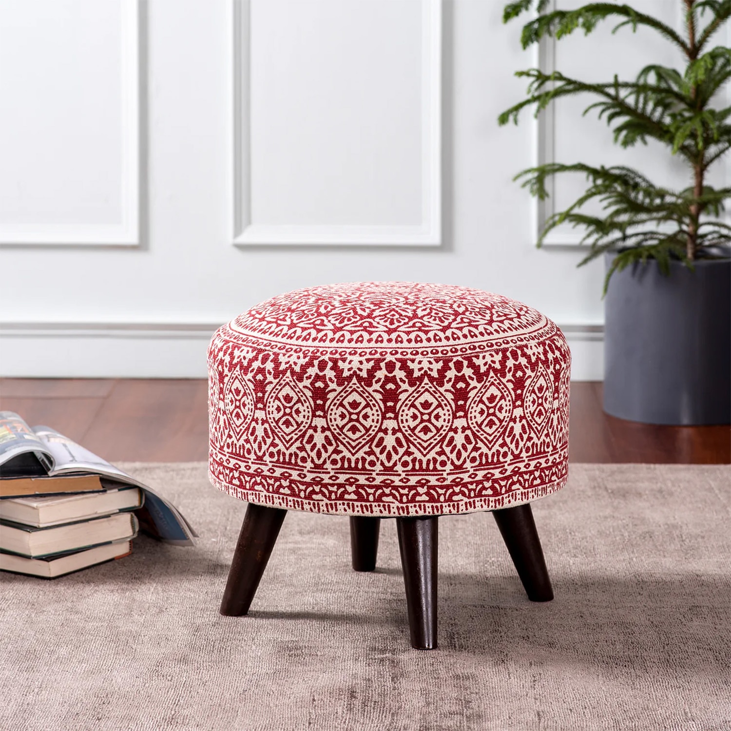 Mandala Fabric Wooden Ottoman in Red Color - Nestroots