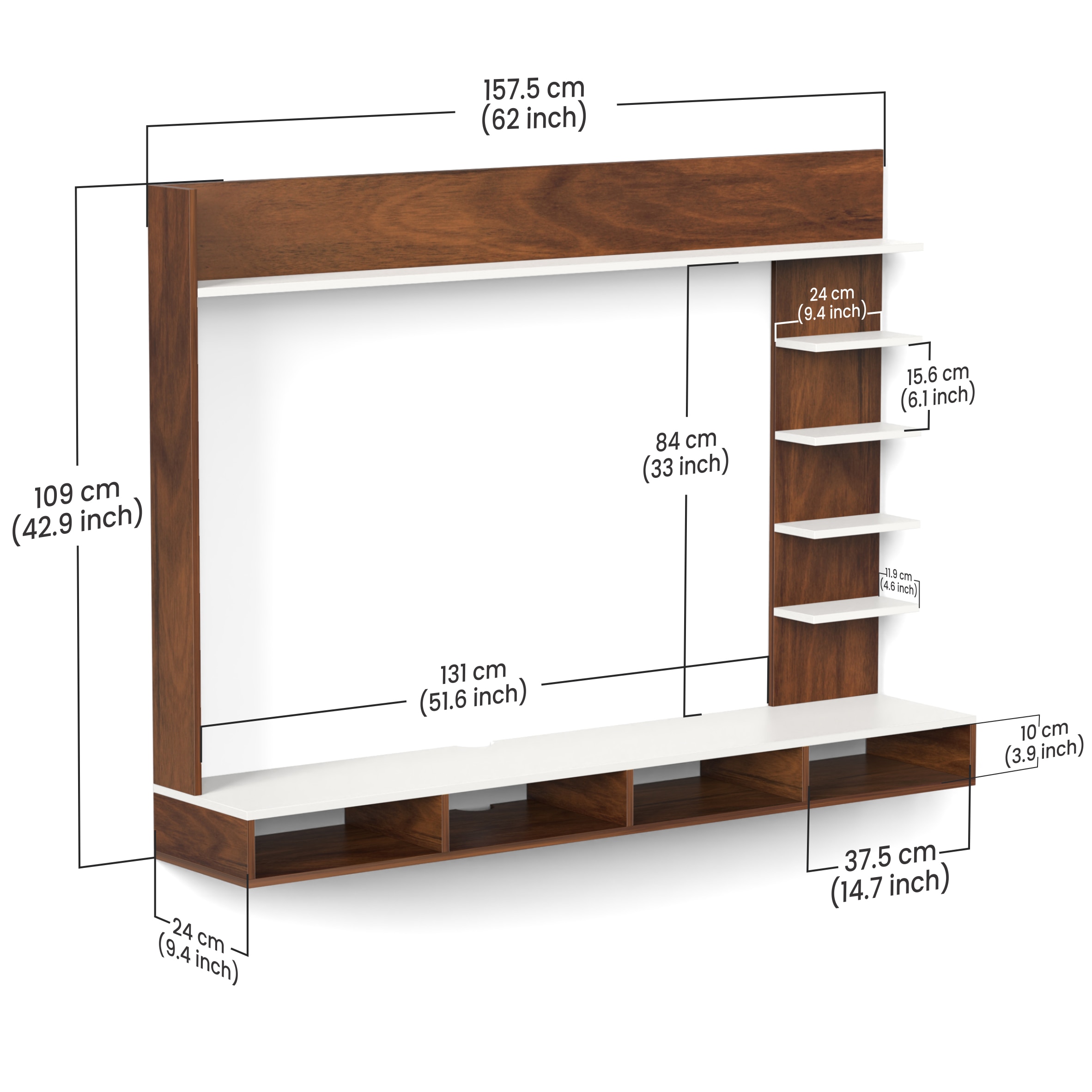 BLUEWUD Primax Grande Large Engineering Wood Wall Mount TV Entertainment Unit Set Top Box Stand/TV Cabinet Panel with Shelves for Books & D�cor Display Unit, Ideal for 50� (Brown Maple & White)