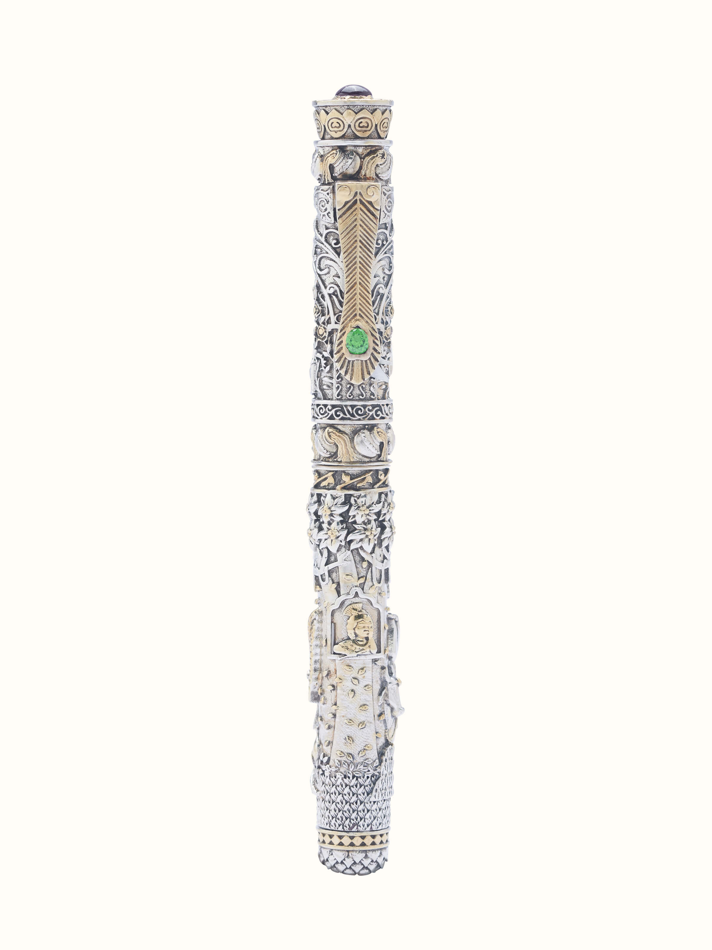 Overhead view of Goddess Radha & Shri Krishna Silver Smithing Pen by Swadesh showcasing the elegant design and intricate silver detailing
