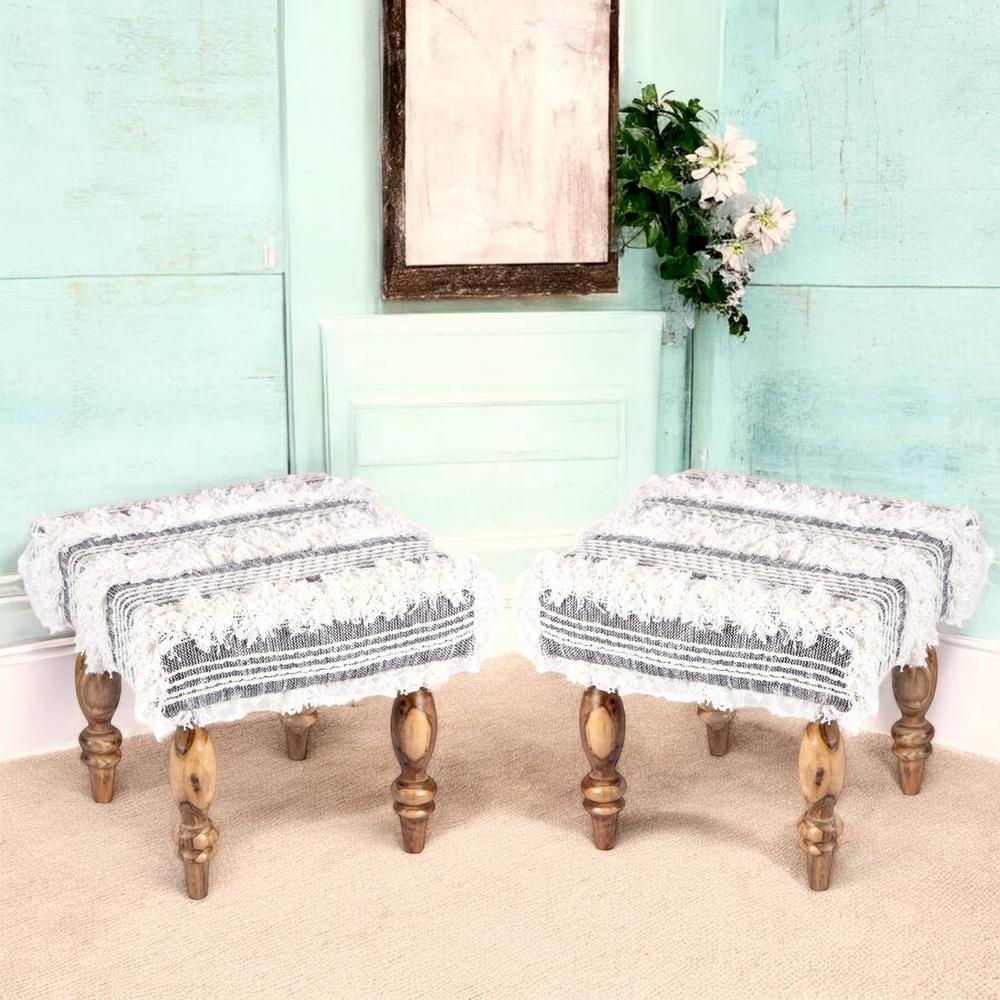 Lisbone Sheesham Wood Mid Century Square Set of 2 Stools in Grey Fabric   Fringes Upholstery