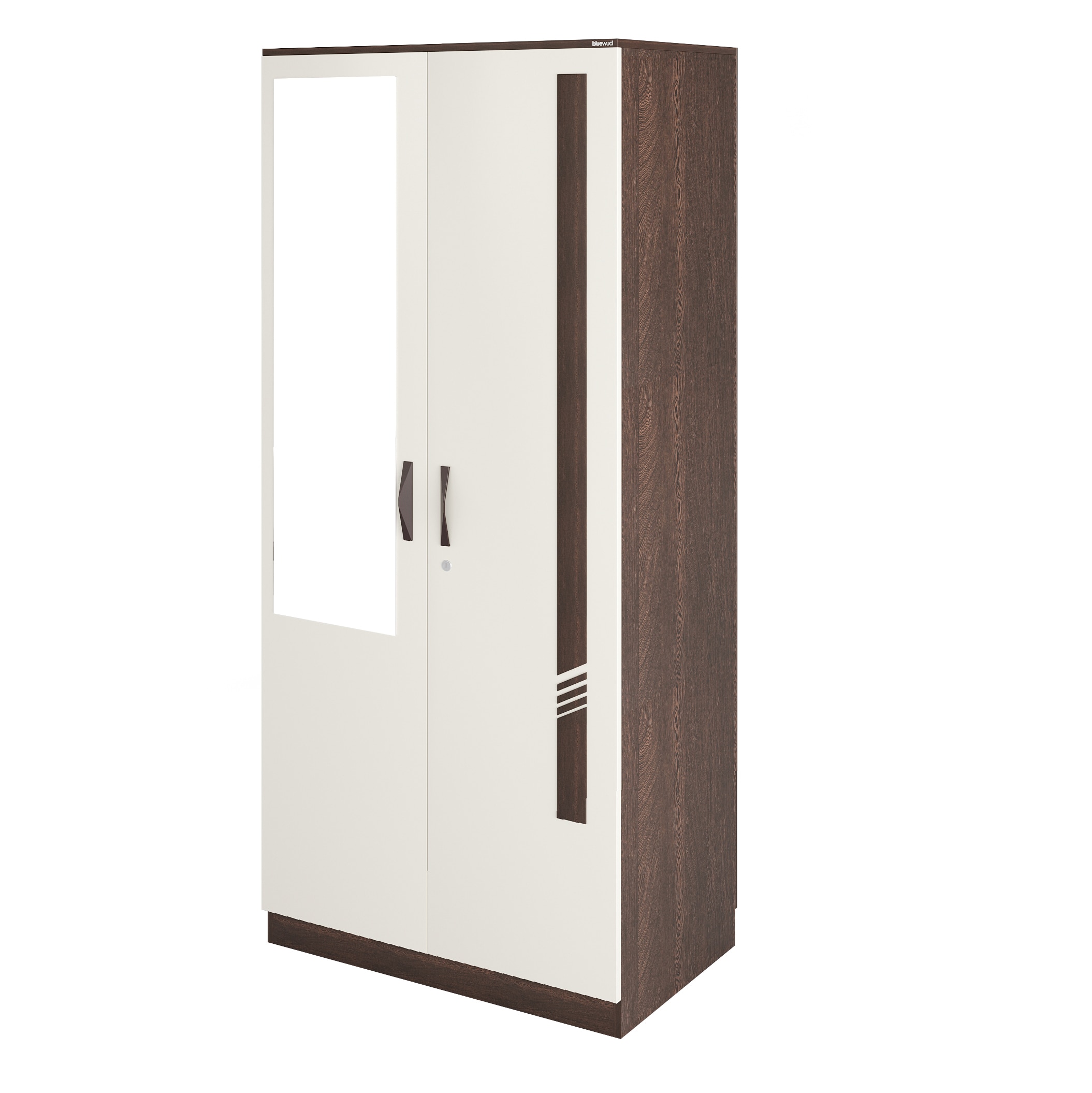 BLUEWUD Andrie Engineered Wood 2 Door Wardrobe/Clothes Storage Rack Organizer Almirah Cupboard, 6 Shelves & 1 Drawer with Lock for Bedroom Home Furniture (with Mirror, Wenge & White)